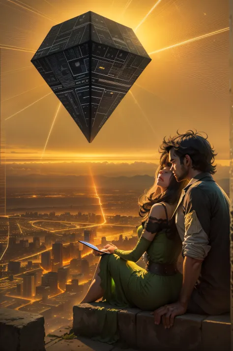 It is a very dark night, but very warm, and the pyramid is A contemporary couple stands at the top of Cheops' pyramid and looks down over the plain and the city. A radiant flying green-lit cube flies near the couple.