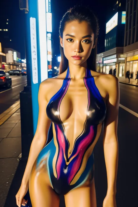 masuter piece、Woman with body painting、Dense paint、Downtown at night