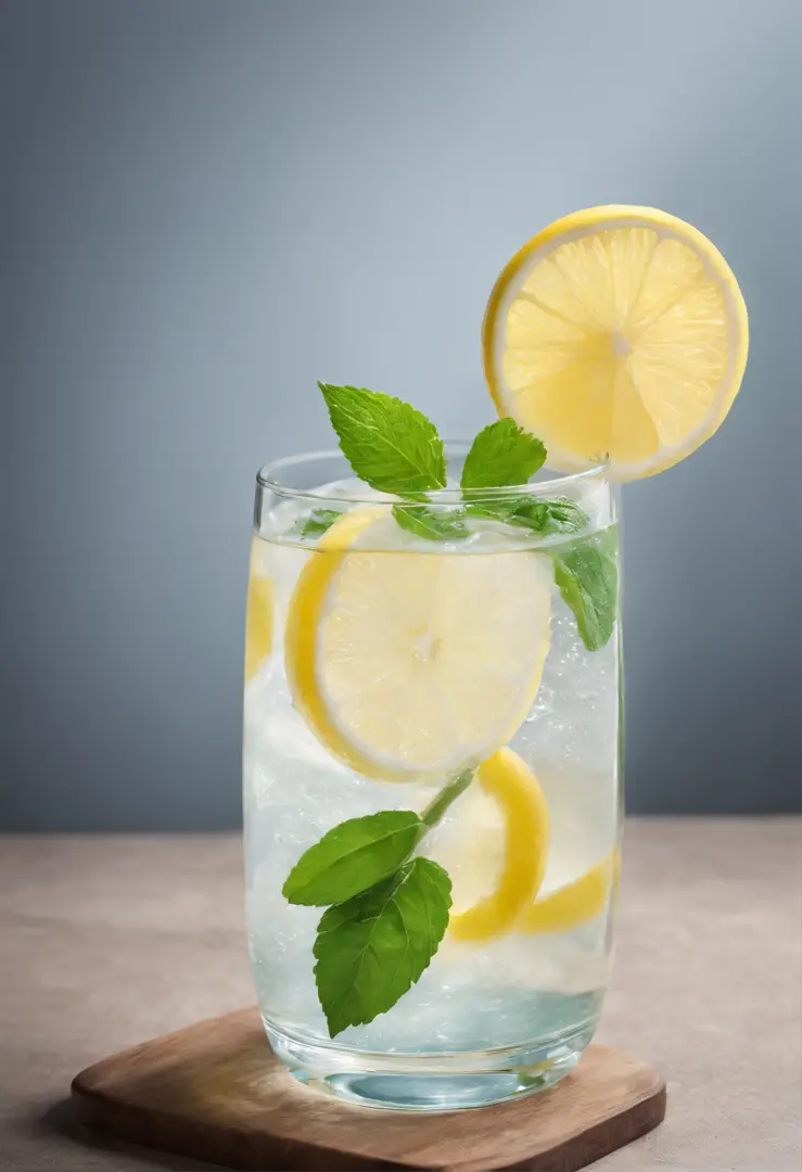 a refreshing cool drink in a glass with a slice of lemon and mint leaves on a glass table. It looks so refreshing that you want to drink it straight away, balanced and saturated colours, high colour depth, very detailed, details in shadows, high image shar...