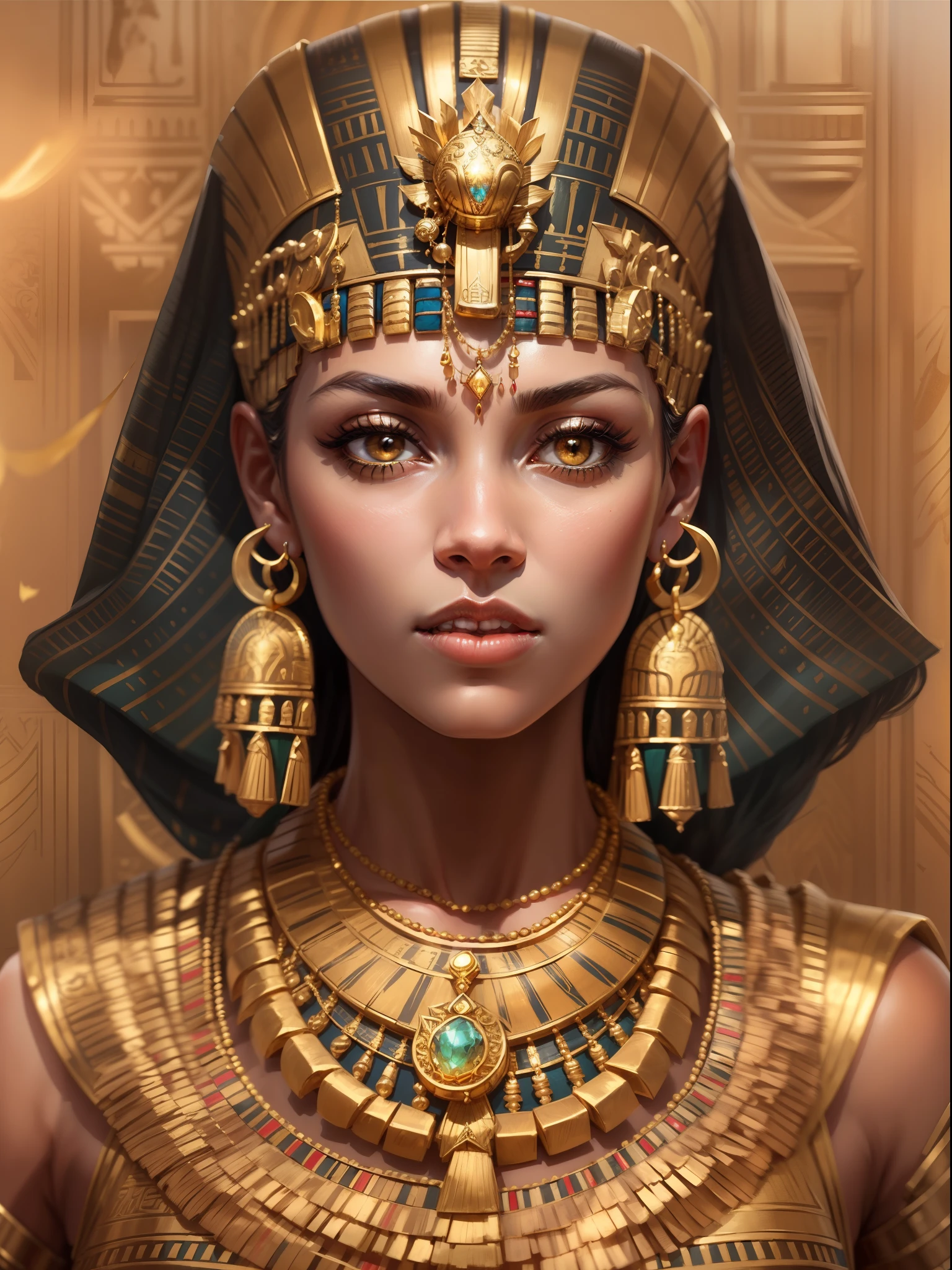 Suitable for the Queen's illustrative style, Create a majestic portrait for Cleopatra, Egyptian pharaoh, Decorated with ornate gold jewelry. Let her gaze radiate strength and wisdom，Because she wears an intricate headdress set with dazzling gemstones, Her neck is adorned with a lavish gold necklace. Bring the charm of ancient Egypt to life in this palatial depiction