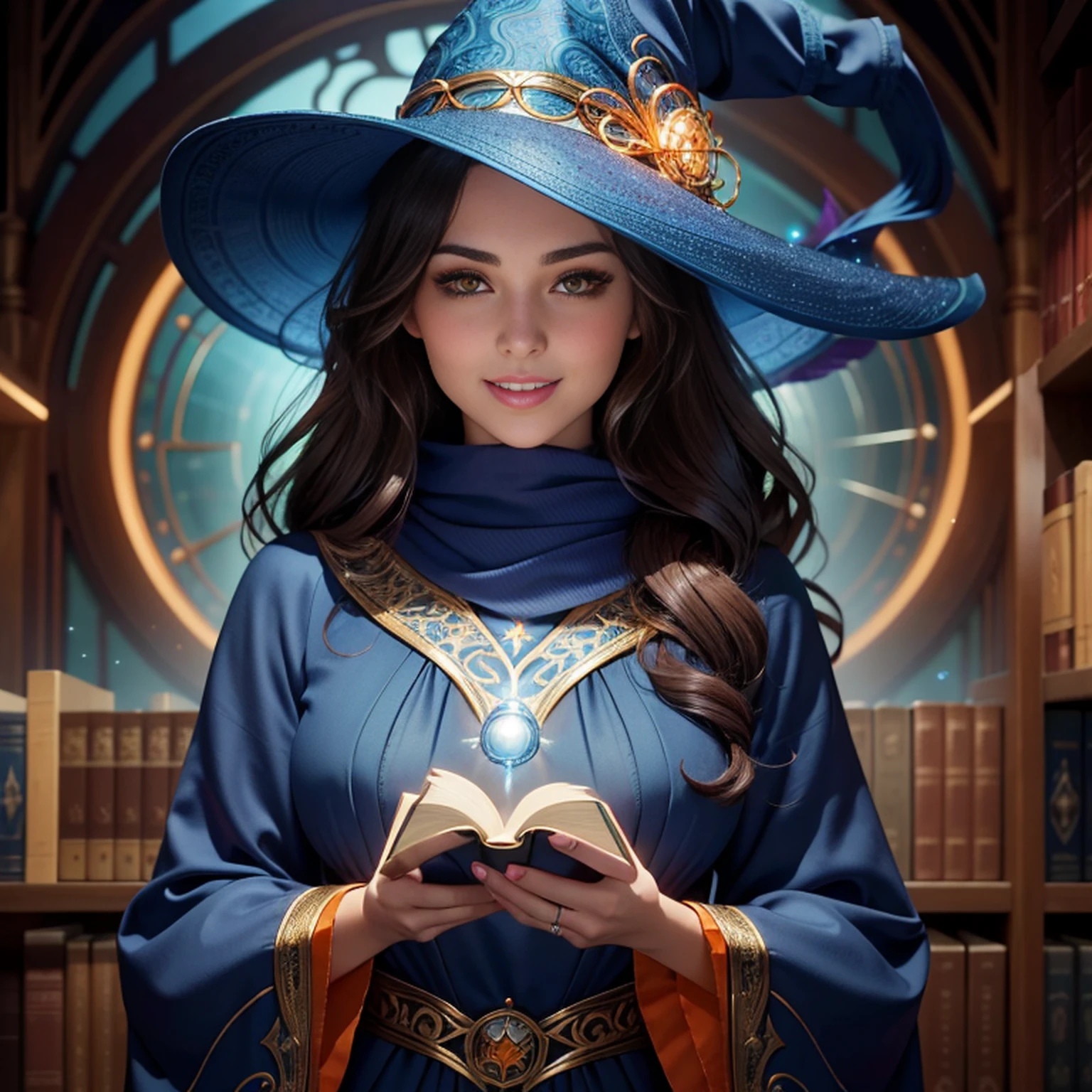 woman in her 20s, (perfect face), defined jawline, (beautiful bright orange eyes:1.2), beautiful lips, beautiful wide smile, (cute cheerful facial expression), (long dark brown flowing wavy hair), (intricate blue long-sleeved enchantress outfit), scarf, (big intricate blue witch hat), (warm volumetric lighting), looking at viewer, (medium shot photograph), (vibrant magic library background), photorealistic