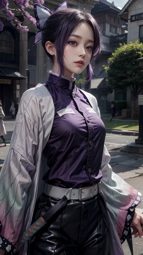 1girl shinobu, purple hair, purple ayes,high res,hyper realistis, ultra detail