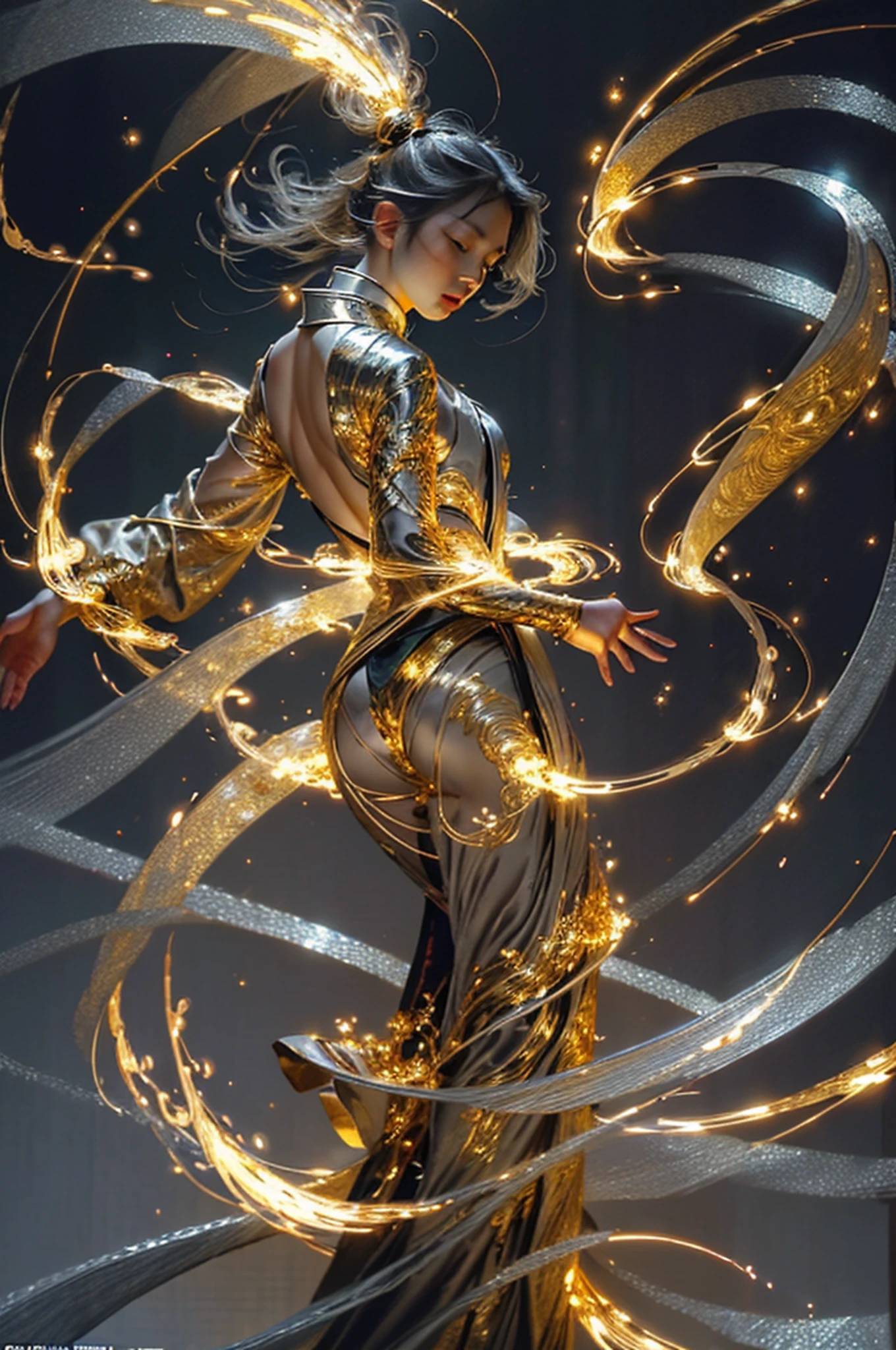 Best quality,masterpiece,ultra high res,solo,1girl, ,roujinzhi,Chinese Zen style,impactful picture,translucent and glowing metallic patterns,(glowing metal objects hovering in the air and surrounding him:1.2),(Electric arcs and sparks:1.2),(flow of energy:1.2),(translucent magnetic lines:1.2),(golden silver grey and shimmering light effects:1.2),