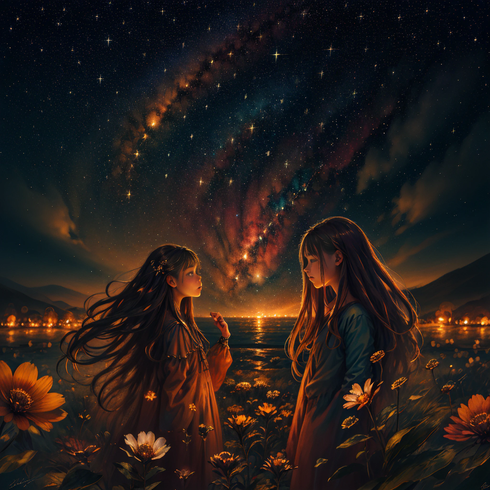 half portrait, Best quality, masterpiece, ultra high res, (photo realistic:1.4), surrealism, dream-like,
1 girl, absurdly long hair, starry sky, night,stars, galaxy, flower,