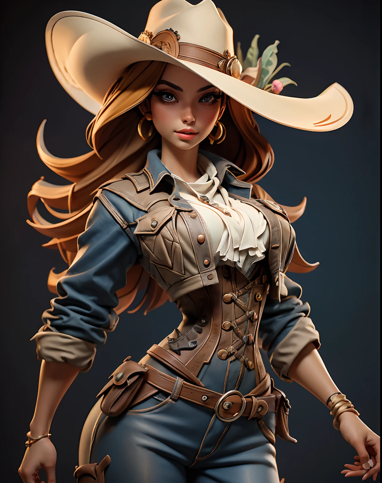 Uma foto detalhada de cowboy, menina muito bonita, lábios, corpo de ampulheta, Renderização 3D, 3d, obra de arte, melhor qualidade