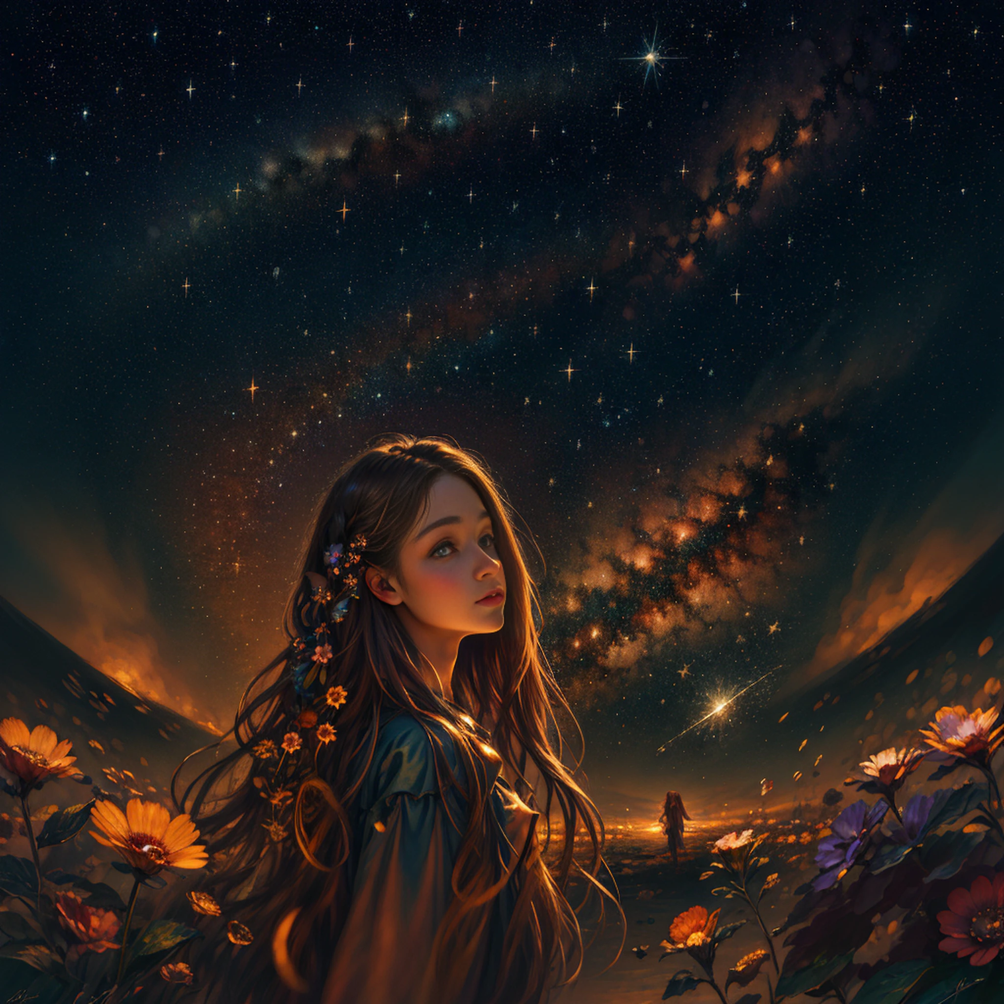 half portrait, Best quality, masterpiece, ultra high res, (photo realistic:1.4), surrealism, dream-like,
1 girl, absurdly long hair, starry sky, night,stars, galaxy, flower,
