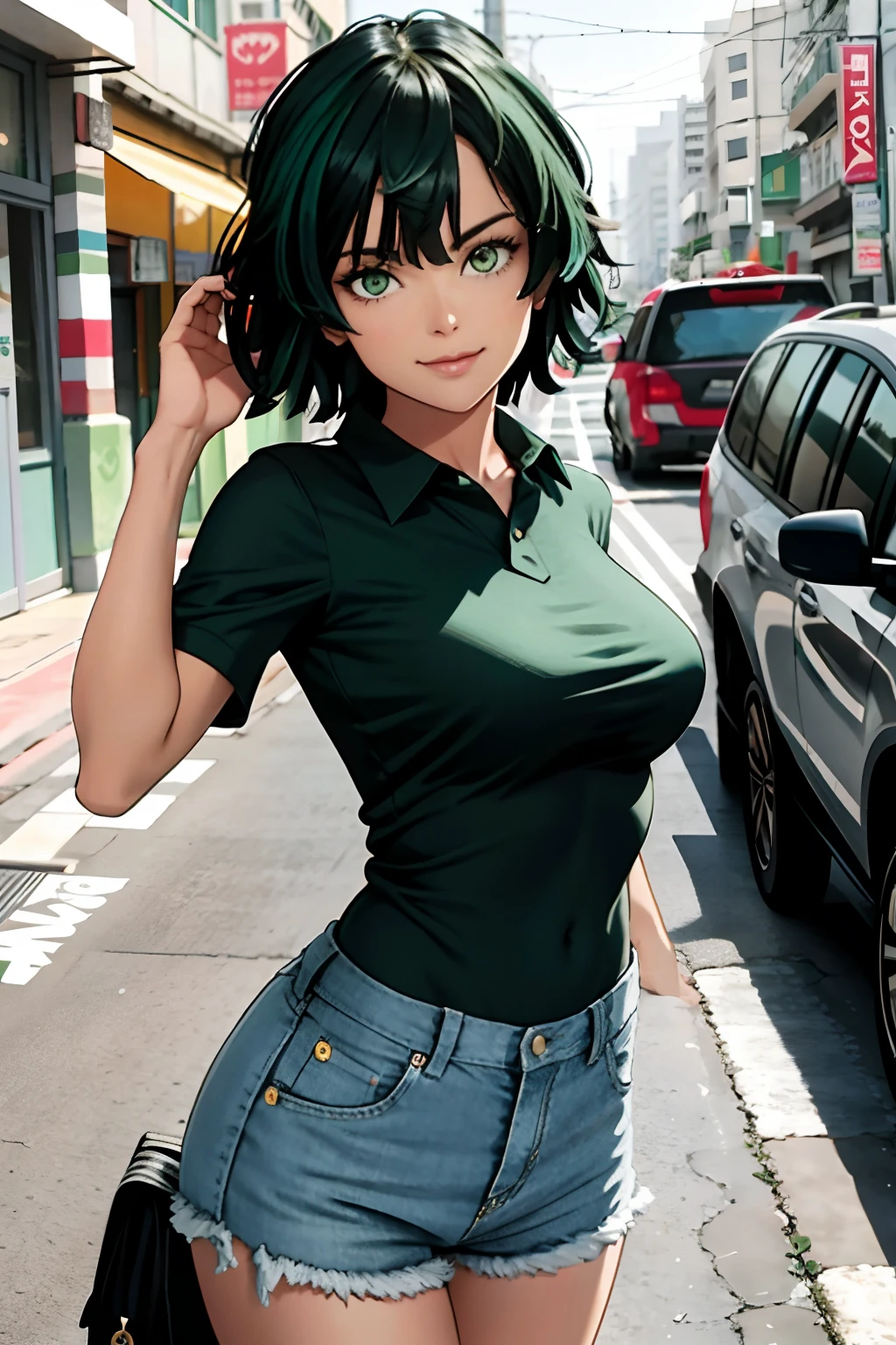 "A girl，Masterpiece level job，Better image quality，in front of camera，neckline，smile，Sexy servant，looks directly at camera，By the shorts，perfect bodies，city ，green hair，casual clothes, Street clothes。big breasts