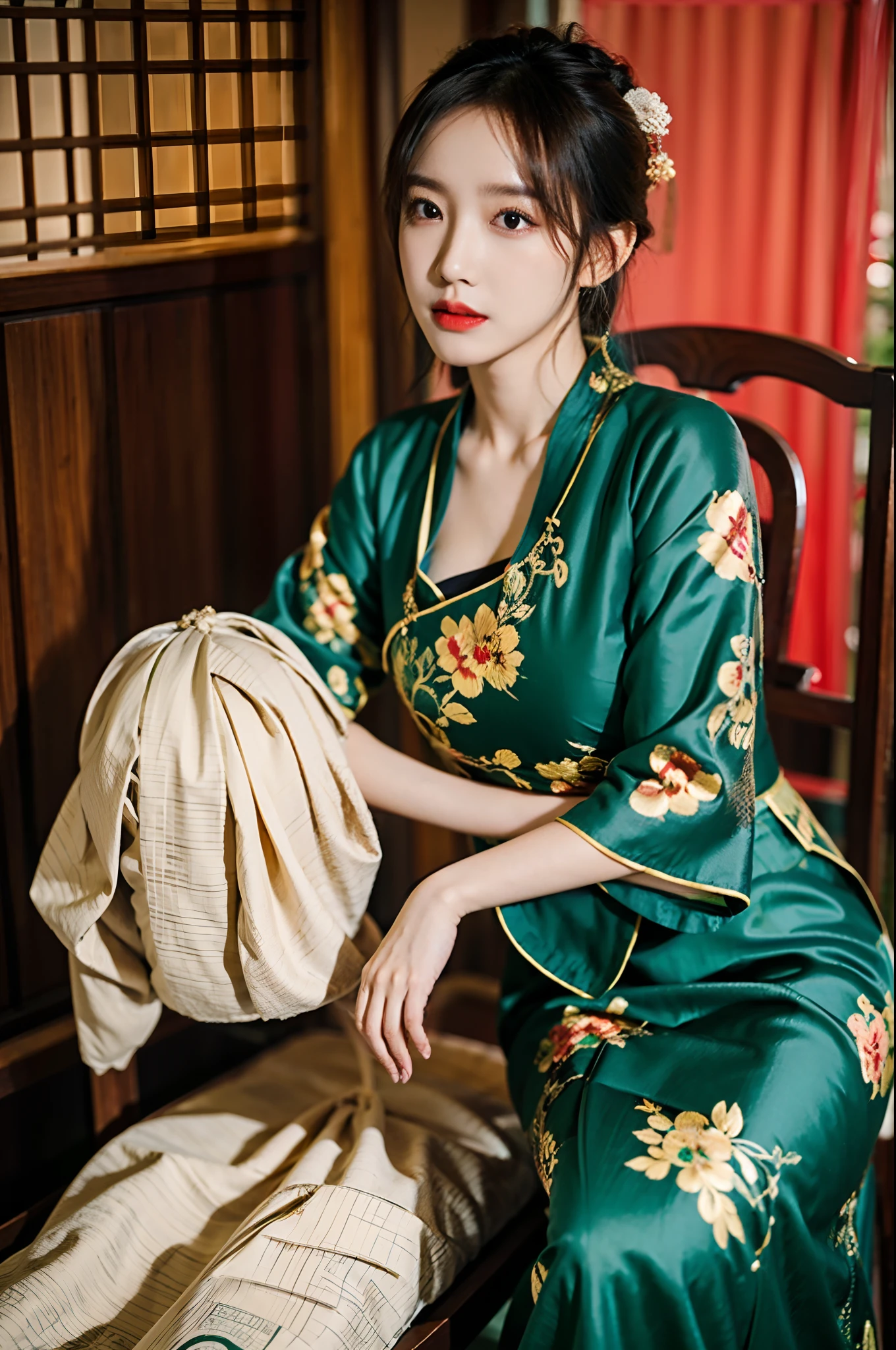 (Um meio corpo，fechar-se，decote em close)，Mulher asiática Arakfi sentada na cadeira，Usando um vestido verde e dourado, (fora,água quente，florais，gramíneo，nevando） ， A girl in hanfu, hanfu, cheongsam, com roupas chinesas antigas, beleza tradicional, roupas tradicionais chinesas, vestindo roupas chinesas antigas, estilo chinês, Vestido chinês, Traje chinês, Chinês tradicional, menina chinesa, vestindo roupas de seda ornamentadas，Redlip