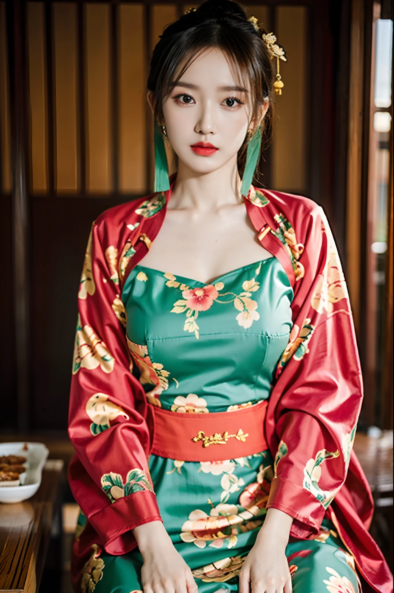 (Um meio corpo，fechar-se，decote em close)，Mulher asiática Arakfi sentada na cadeira，Usando um vestido verde e dourado, (fora,água quente，florais，gramíneo，nevando） ， A girl in hanfu, hanfu, cheongsam, com roupas chinesas antigas, beleza tradicional, roupas tradicionais chinesas, vestindo roupas chinesas antigas, estilo chinês, Vestido chinês, Traje chinês, Chinês tradicional, menina chinesa, vestindo roupas de seda ornamentadas，Redlip