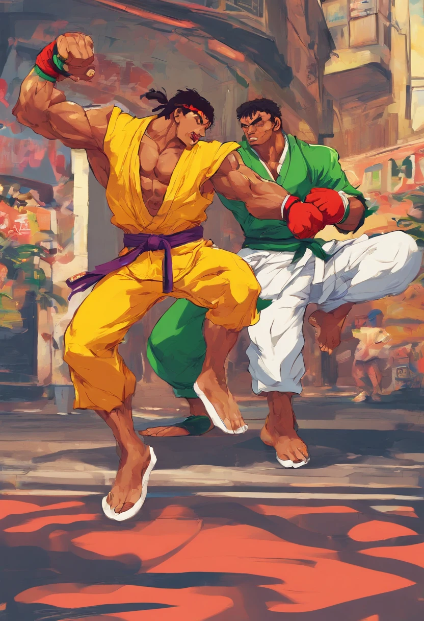 Two men in yellow and green fighting in a street - SeaArt AI