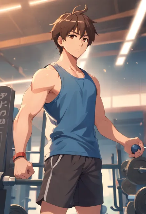 Brown hair, blue tank top and shorts, muscular anime