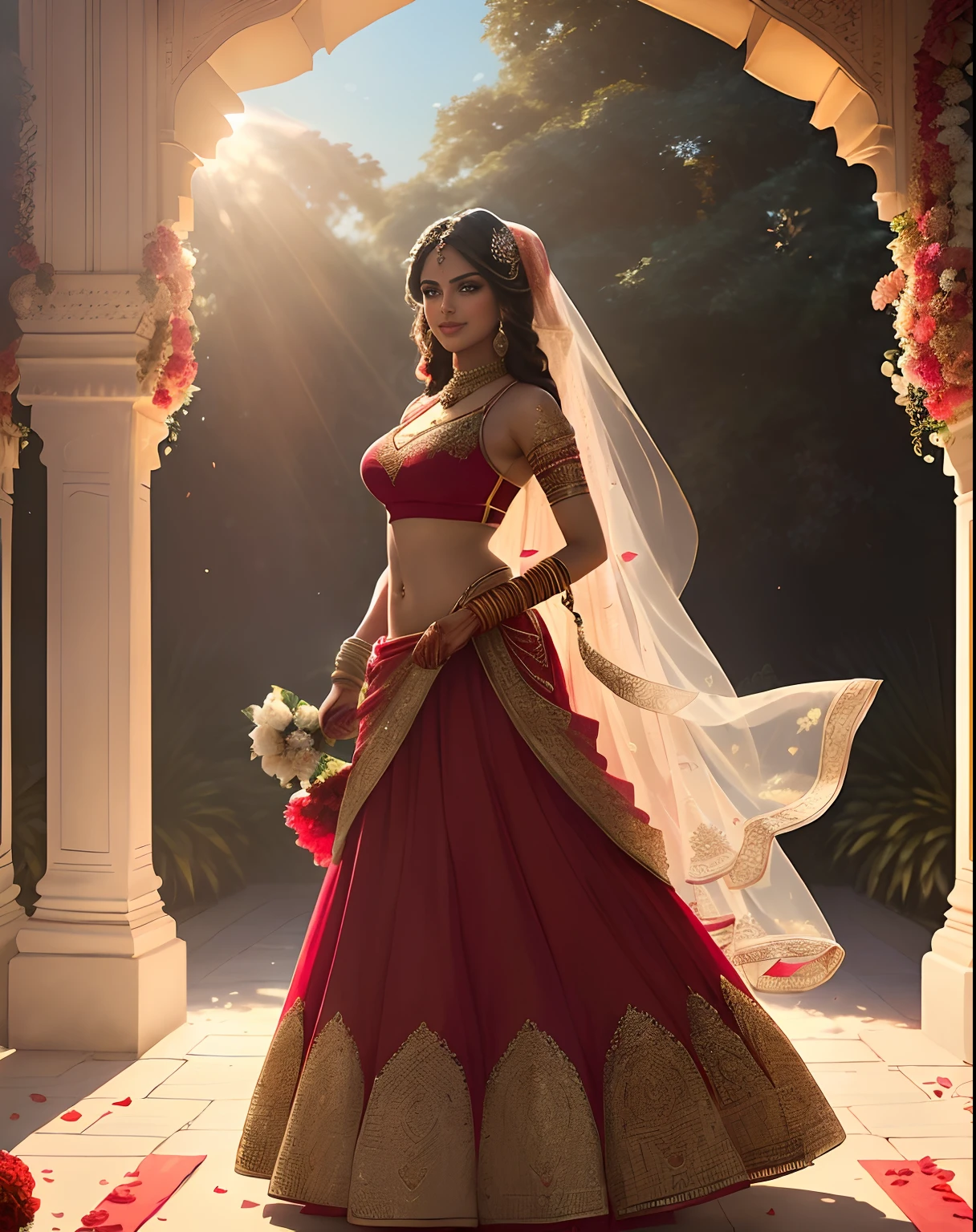 (masterpiece full length photography of a solo:1.2) alluring sexy tall curvy (18 yr old) Indian supermodel princess bride Amala Paul walking in (royal garden:1.3), (wearing stunning bridal red & gold lehenga & blouse:1.3). sheer dupatta, maximalism, (wedding flower decorations:1.3), (indian makeup & jewelry:1.2) long braided brown hair with highlights,, vivacious, lustful glance, exhilarated (beautiful detailed eyes:1.1) , (flirty bright smile:1.2), (intense dramatic afternoon light:1.4), backlit, key light, rim light, light rays, highly detailed, trending on artstation, paint splashes, rich color, abstract portrait, by Atey Ghailan