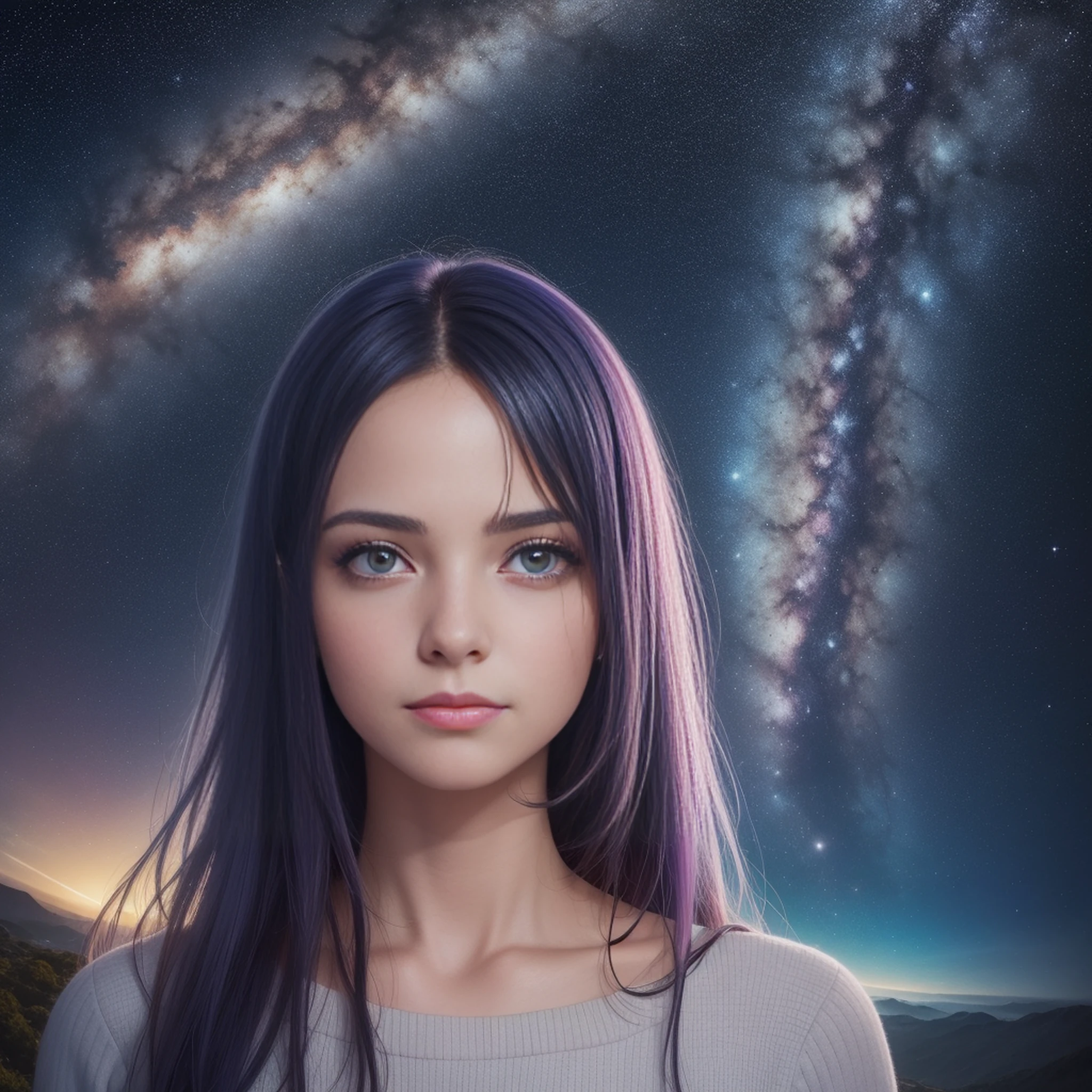 meio retrato, melhor qualidade, obra-prima, ultra alta res, (foto realista: 1.4), surrealismo, oniric, 1 girl of 35 years, cabelo absurdamente longo, starly sky, noite, estrelas, galaxy, flor,