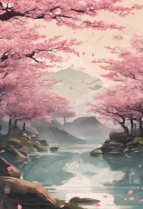 rainwater，Traditional Chinese solar terms，early spring，(((SakuraNS)))，National style，Ink wind，solid color backdrop，solid color backdrop，and it was raining lightly，There is one on the cherry blossoms(snail)，closeup cleavage，Landscape view，Don't be character...
