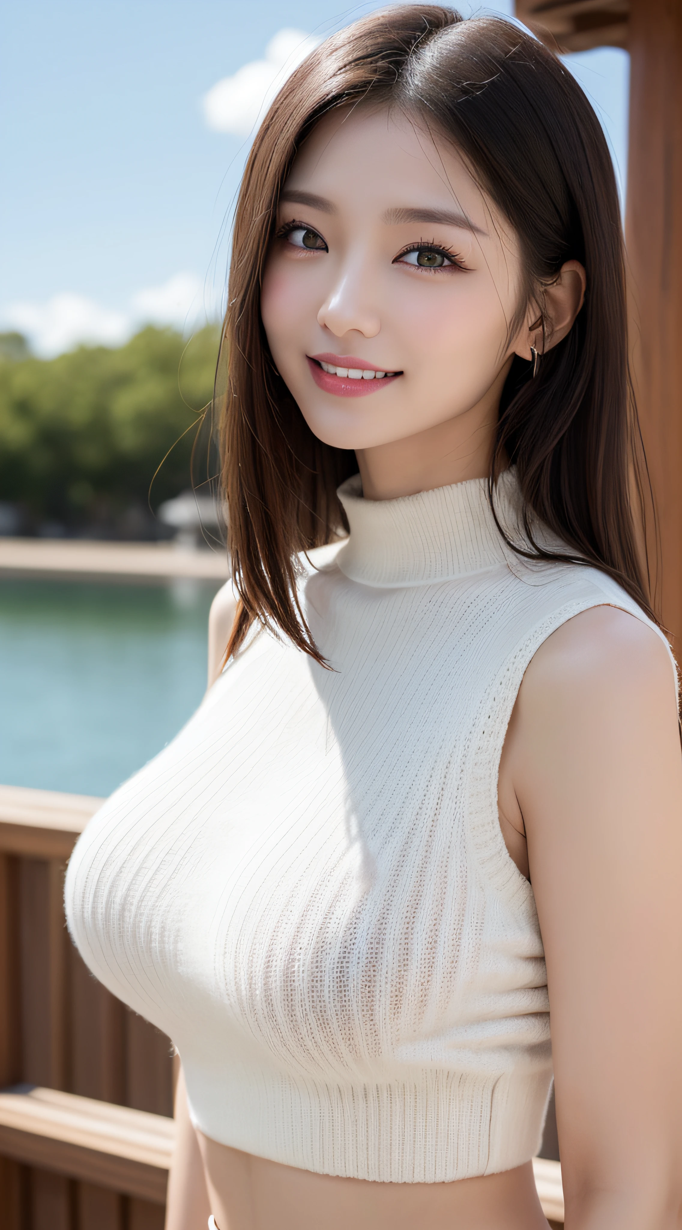 masutepiece, Best Quality, Photorealsitic, finely detail, hight resolution, 8K Wallpapers, Perfect dynamic composition, Beautiful detailed eyes, Medium Hair, large full breasts, Random and sexy poses,Bring your chest together、(Mock Neck Crop Tank Top White Knitwear)、(Breast bulge 1.2)、A smile、open open mouth、Resort scenery、23years old、(Drooping eyes 1.4)、Adult beauty、japanes