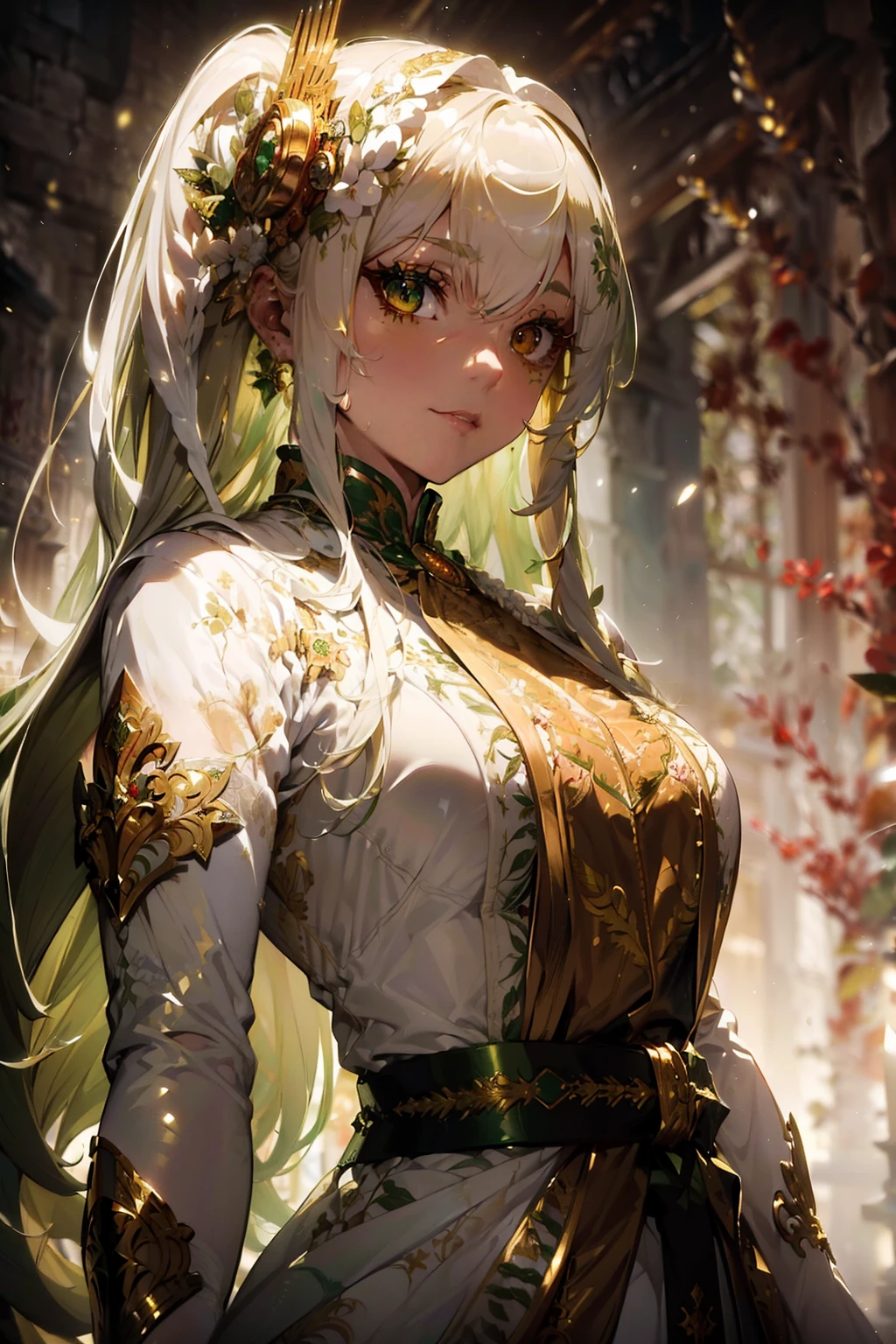 Archer (masterpiece), best quality, detailed long white hair, (((wearing a realistic and detailed golden, white and green costume, Bloodbourne aesthetic style))) detailed perfect skin, intricate perfect beauty face, detailed sharp eyes, detailed eyes and pupils, (((from face to the waist))), (((beauty slim shape))), 4k, UHD