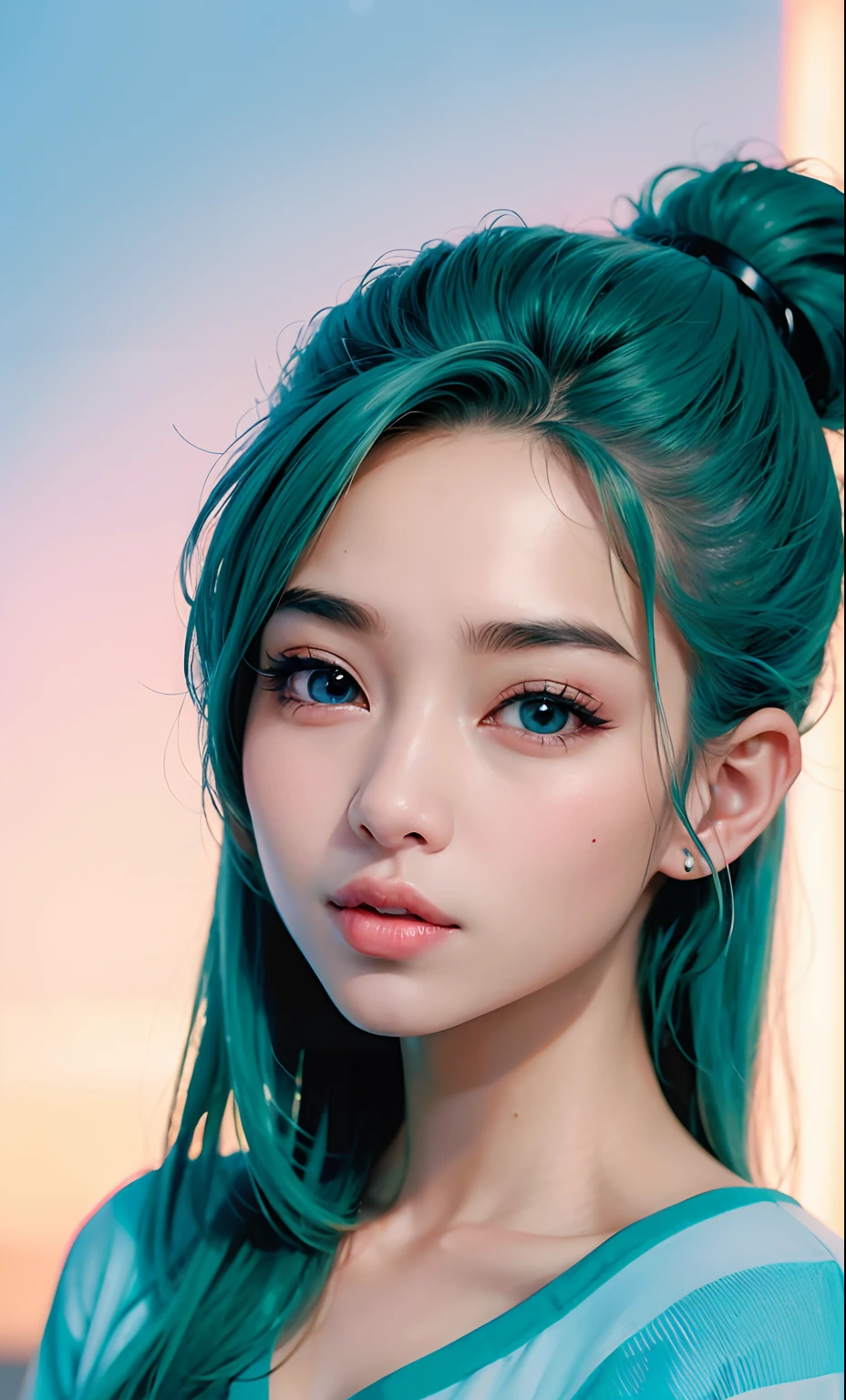(bulma) (8K, foto RAW, photorrealistic: 1,25), (Lip gloss, cilia, bright face, shining skin, best qualityer, Ultra high resolution, Depth of field, chromatic aberration, caustic, wide lighting, natural shading, Kpop idol) looking at the viewer with a serene and divine happiness, clear blue eyes,