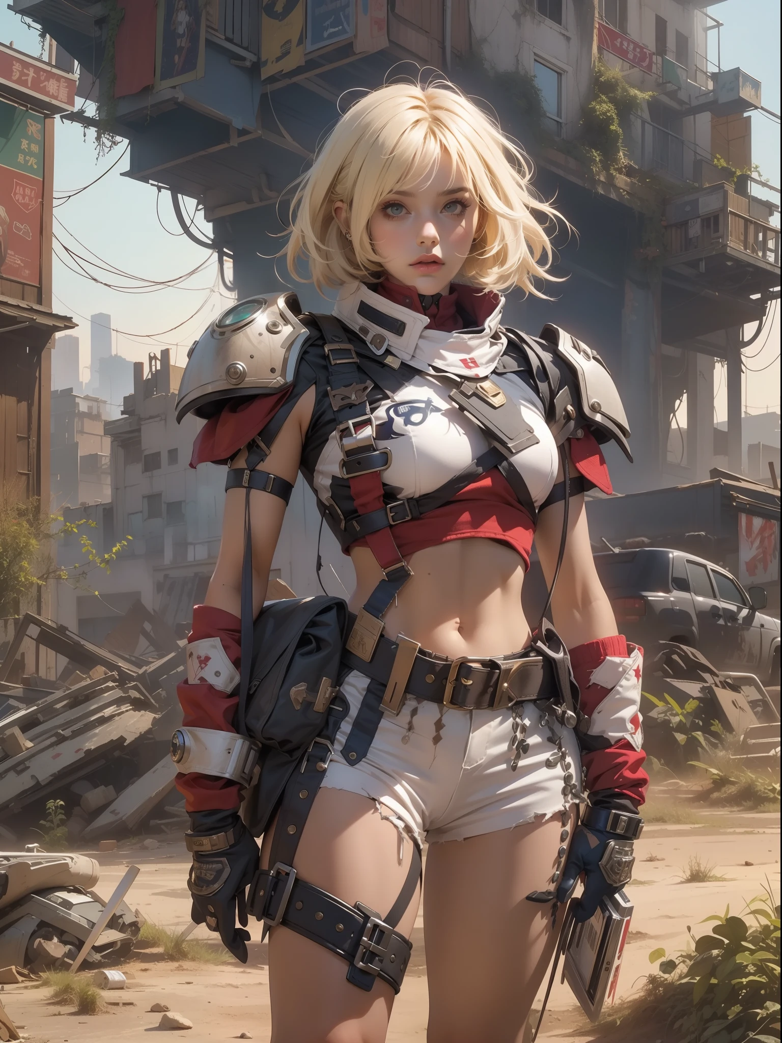 (((woman))), (((best qualityer))), (((tmasterpiece))), (((AS-Adult))), (((1girll))), ((( Bob Hairstyles ))), A 25-year-old cyberpunk gladiator with a perfect body, Shoulder pads with metal spines, Brooklyn gladiolus, (( Bob Hairstyles )), Small leather panties, Torn football team shirt, Simon Bisley, Almost naked（Simon Bisley）城市，Desolate desert，city ruins，Waste soil style，Crazy Max movie style，with short golden hair, Minimum clothing, Left arm metal protection，Has complex graphics, dark red color，White stars and white and navy blue checkerboard pattern, armure, Full of tips and rivets, (((From the knee up))), Short white blonde hair, The background is Shepard Fairley（Shepard Fairley）Painted walls of complex design