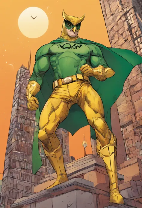 Man in superhero outfit inspired by an owl,corpo forte definido muito definido com roupa verde e amarela,dourado, 4k, on top of a building