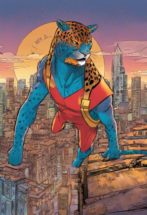 Man in superhero outfit inspired by a jaguar, on top of a building, forte e definido