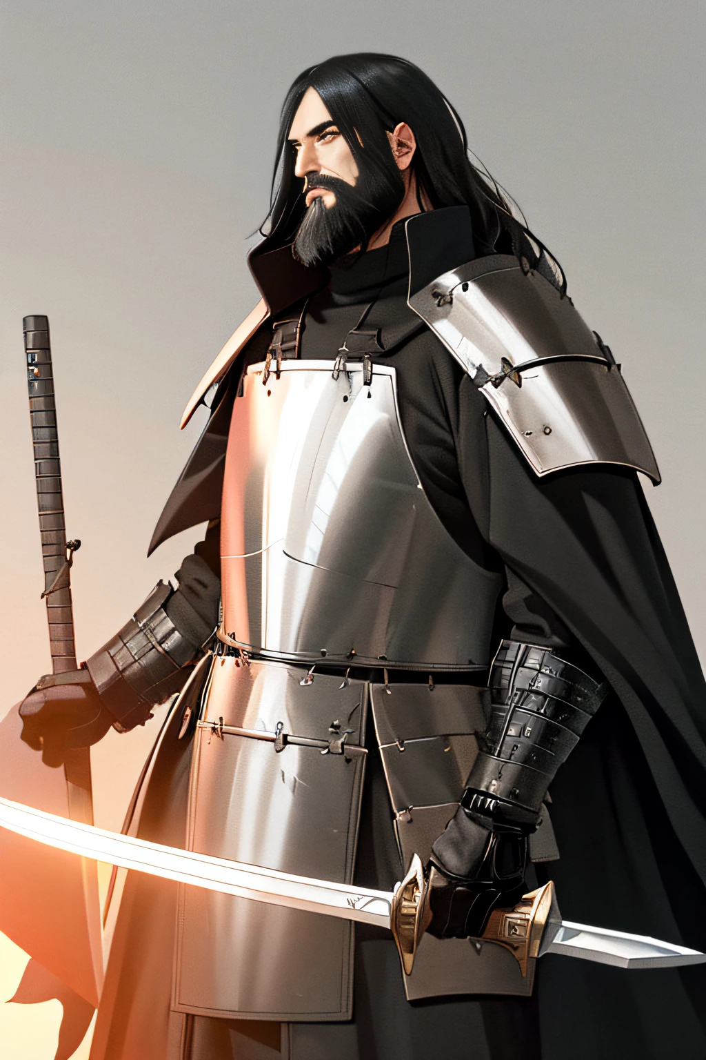 Humano de grande porte, longos cabelos pretos e barba, Armadura de placas pesadas, longo manto preto, espada de duas mãos