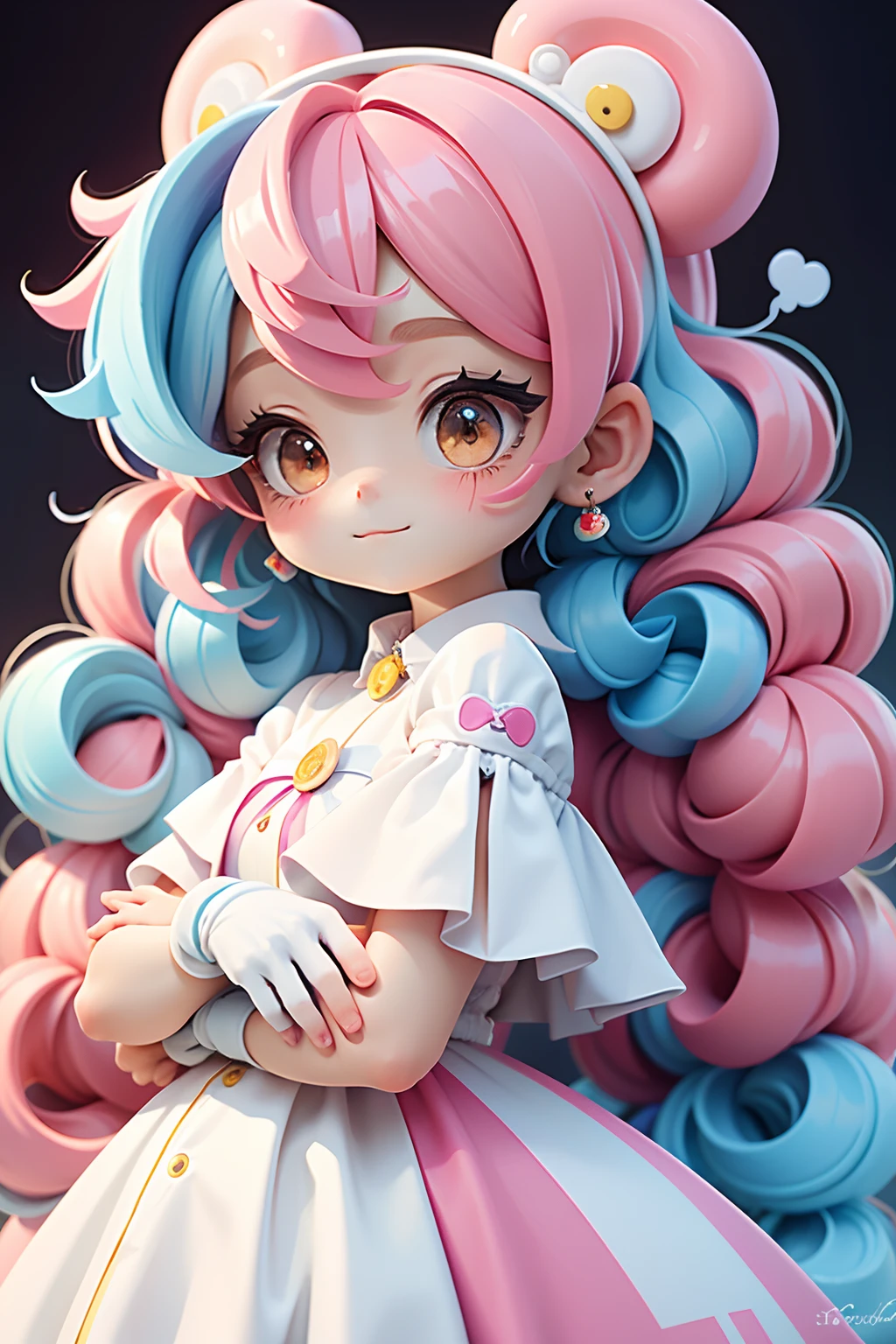 Loli Anime girl, wearing white gloves, long colorful hair, party spray pain background, colorful paint dress, cabelo mesclado, preso, modern accessories , olhos delicados e detalhados, sorriso delicado e detalhados, opalescente, Perolescente, Holographic, fundo escuro