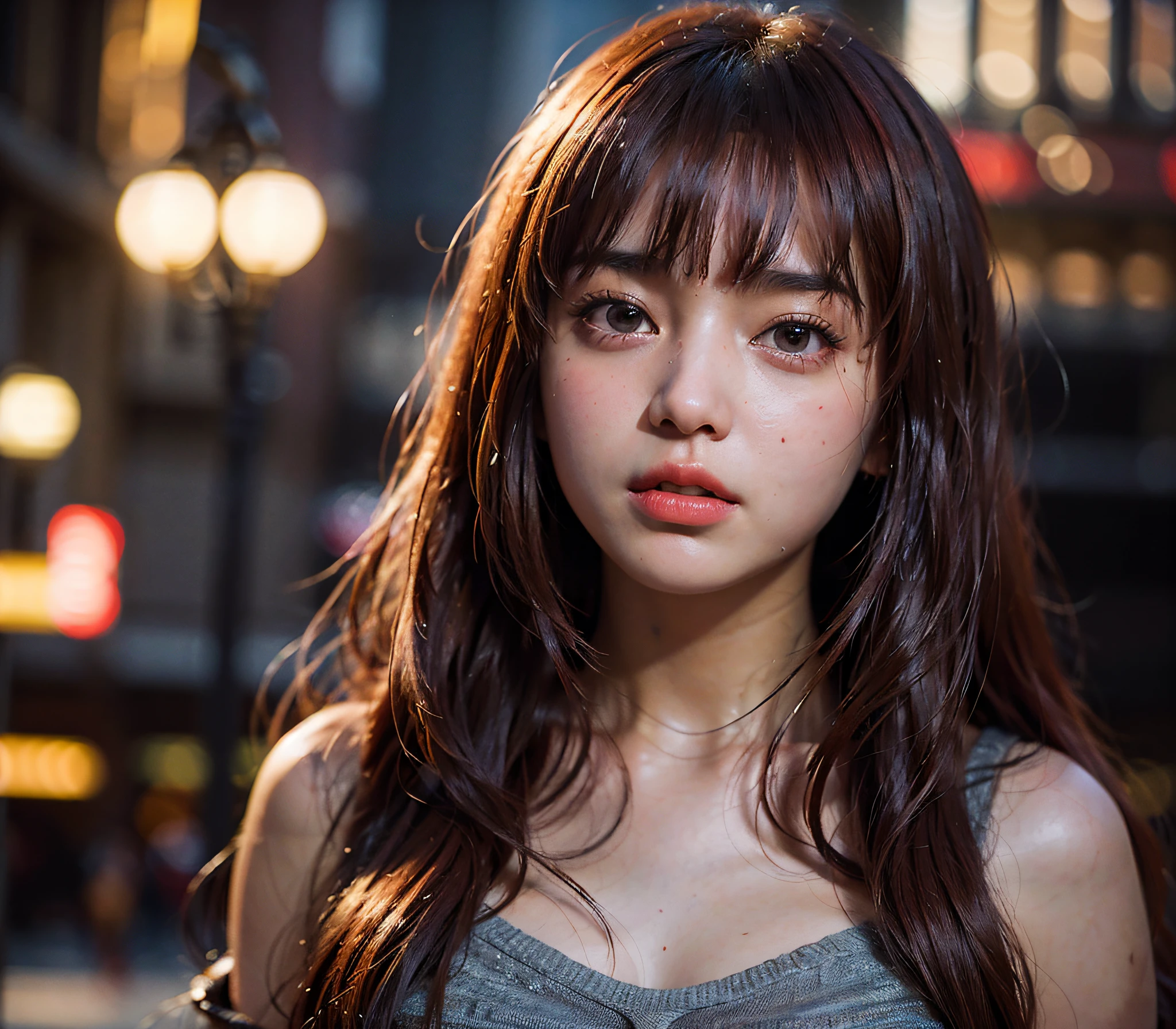 A cute teen girl, blushing cheeks, in love with the viewer, bangs, red haired, long straight hair, intricately detailed skin and face, ultra high definition, 8k resolution, 16k resolution, dream like ambience, bloom effect, highly detailed photo realistic, cinematic side lighting, cinematic lighting, theatrical lighting, movie like photo, city street back ground