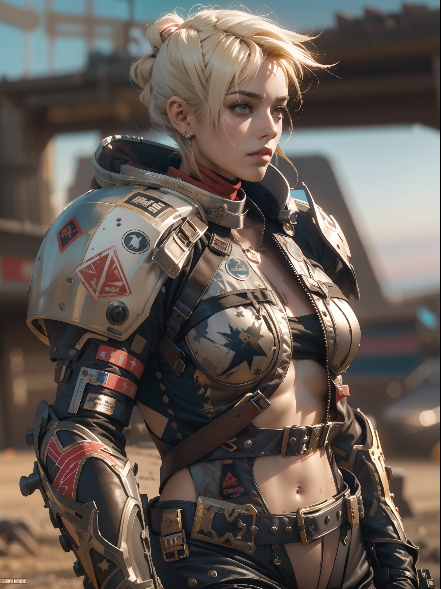 (((woman))), (((best qualityer))), (((tmasterpiece))), (((AS-Adult))), (((1girll))), ((( Bob Hairstyles ))), A 25-year-old cyberpunk gladiator with a perfect body, Shoulder pads with metal spines, Brooklyn gladiolus, (( Bob Hairstyles )), Small leather panties, Torn football team shirt, Simon Bisley, Almost naked（Simon Bisley）城市，Desolate desert，city ruins，Waste soil style，Crazy Max movie style，with short golden hair, Minimum clothing, Left arm metal protection，Has complex graphics, dark red color，White stars and white and navy blue checkerboard pattern, armure, Full of tips and rivets, (((From the knee up))), Short white blonde hair, The background is Shepard Fairley（Shepard Fairley）Painted walls of complex design，Ocean Yuk style，，Doomsday wasteland style，ultra-realistic realism，highly details，intricately details，rendering by octane，trends in art station