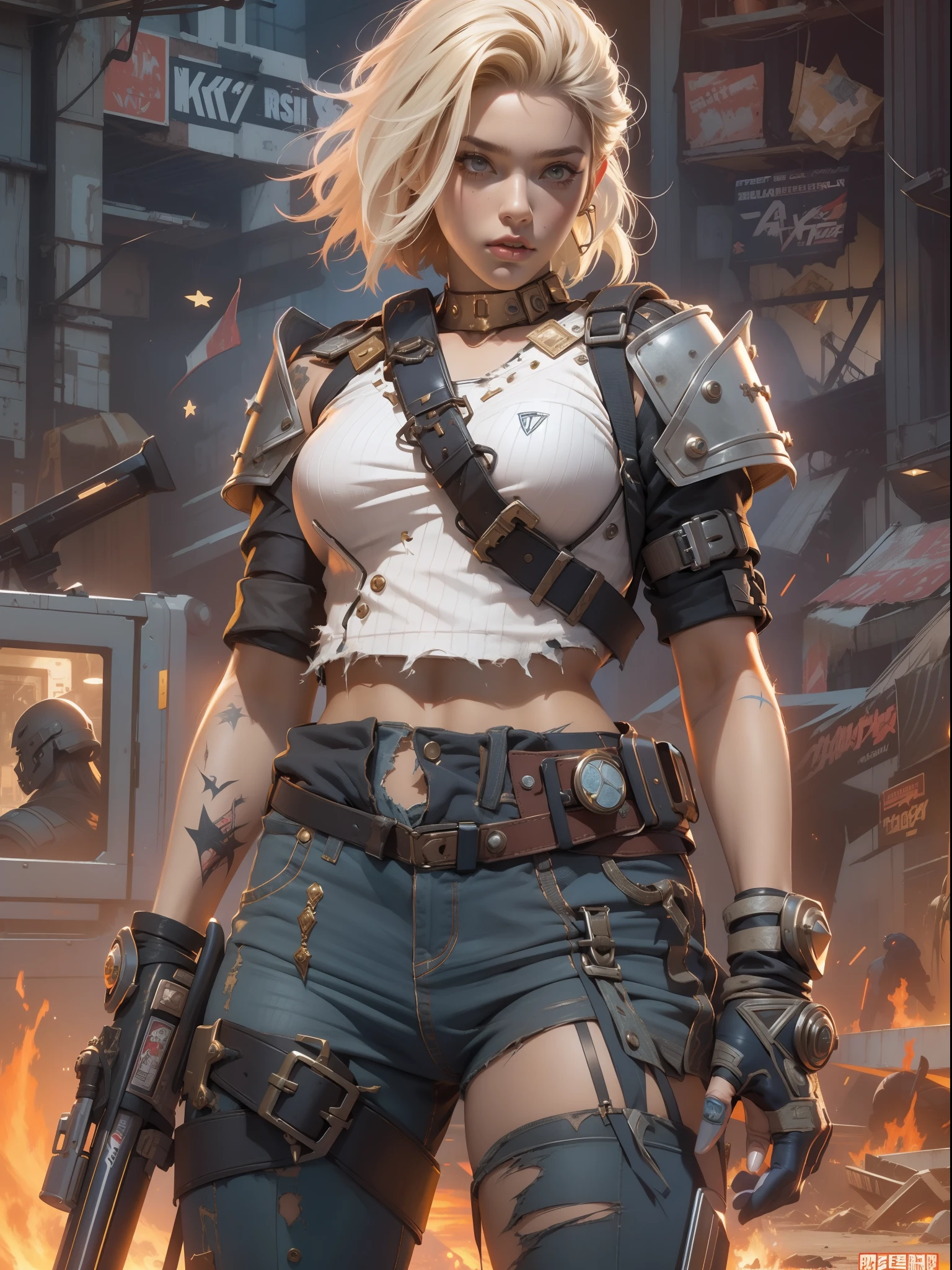 (((woman))), (((best qualityer))), (((tmasterpiece))), (((AS-Adult))), (((1girll))), ((( Bob Hairstyles ))), A 25-year-old cyberpunk gladiator with a perfect body, Shoulder pads with metal spines, Brooklyn gladiolus, (( Bob Hairstyles )), Small leather panties, Torn football team shirt, Simon Bisley, Almost naked（Simon Bisley）城市，Desolate desert，city ruins，Waste soil style，Crazy Max movie style，with short golden hair, Minimum clothing, Left arm metal protection，Has complex graphics, dark red color，White stars and white and navy blue checkerboard pattern, armure, Full of tips and rivets, (((From the knee up))), Short white blonde hair, The background is Shepard Fairley（Shepard Fairley）Painted walls of complex design，Ocean Yuk style，，Doomsday wasteland style，ultra-realistic realism，highly details，intricately details，rendering by octane，trends in art station