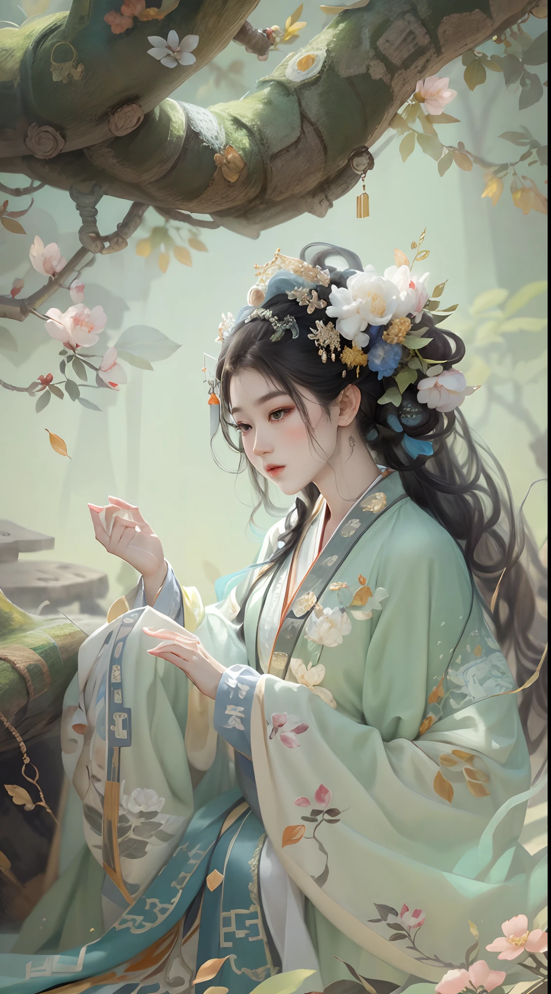 Havia uma mulher de vestido sentada debaixo de uma árvore, Arte em estilo Guviz, Guviz, Palácio ， uma garota em hanfu, tendências no cgstation, Estilo de arte de fantasia, inspirado em Ai Xuan, Alice X. zhang, Hanfu branco, por Yang J, Hanfu, Guwiz in Pisif art