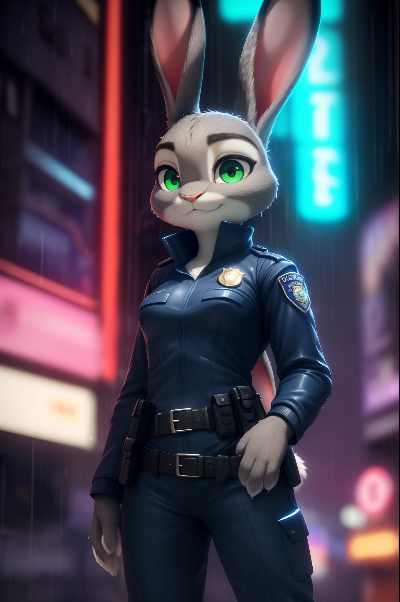 A cartoon rabbit in a police uniform standing in the street - SeaArt AI