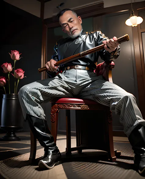 A 50-year-old middle-aged Chinese man sits in a chair, jpn, Chinese man, Black and white striped trousers, Black and white strip...