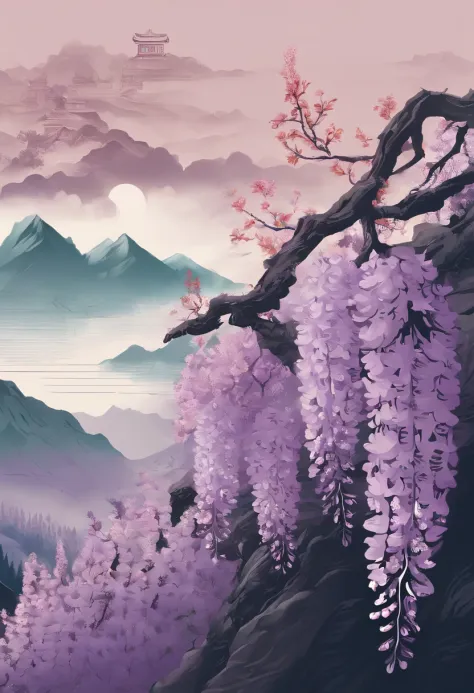 Valley Rain，Traditional Chinese solar terms，(((Wisteria flowers)))，National style，Ink wind，solid color backdrop，Don't build，(((cuckoo))，Landscape view，Ink wind，Single color