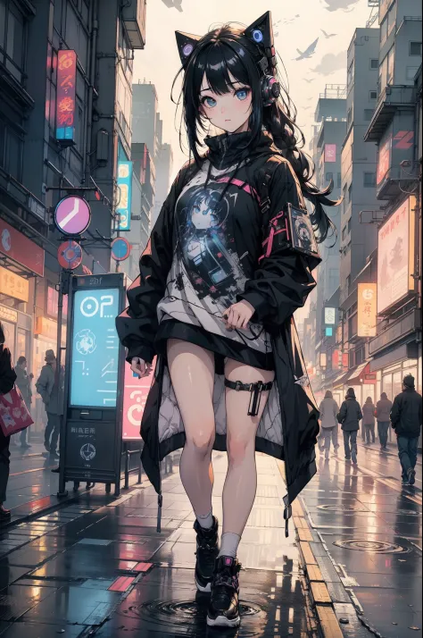 (tmasterpiece、top-quality、top-quality、offcial art、The is very detailed、aestheticly pleasing:1.2)、(1girl in)、(Fractal art:1.3)、Random hairstyle、Random hair colors are colorful、full body shot of、(CyberpunkＴThe shirt)、anime big breast、head mounted display、neo...