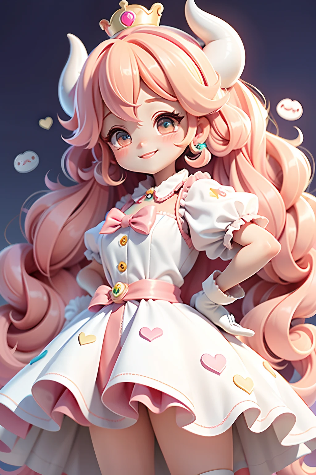 Loli Anime girl(princess peach), wearing white gloves, colorful dress, cute happy smile face, blushing, cute big horn, cute uwu face, long colorful hair, with feather design, party spray pain background, colorful paint dress, cabelo mesclado, preso, modern accessories , olhos delicados e detalhados, sorriso delicado e detalhados, opalescente, Perolescente, Holographic, fundo escuro