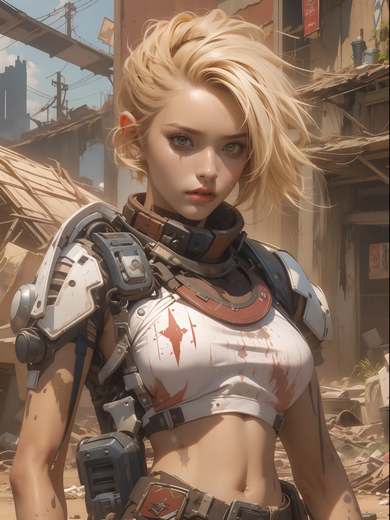 (((woman))), (((best qualityer))), (((tmasterpiece))), (((AS-Adult))), (((1girll))), ((( Bob Hairstyles ))), A 25-year-old cyberpunk gladiator with a perfect body, Shoulder pads with metal spines, Brooklyn gladiolus, (( Bob Hairstyles )), Small leather panties, Torn football team shirt, Simon Bisley, Almost naked（Simon Bisley）城市，Desolate desert，city ruins，Waste soil style，Crazy Max movie style，with short golden hair, Minimum clothing, Left arm metal protection，Has complex graphics, dark red color，White stars and white and navy blue checkerboard pattern, armure, Full of tips and rivets, (((From the knee up))), Short white blonde hair, The background is Shepard Fairley（Shepard Fairley）Painted walls of complex design，Otomo Katsuhiro style， decrepit、Abandoned and dirty environment;废墟、Desert and wilderness landscape;rubbish、Reuse of garbage and waste products，Low-tech and violent ways of survival，The emergence of high-tech elements such as robots and artificial intelligence，Doomsday wasteland style，ultra-realistic realism，highly details，intricately details，rendering by octane，trends in art station