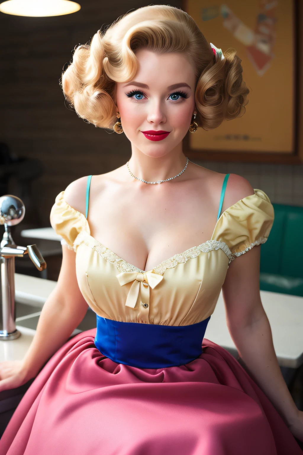 beautiful American college woman,dressed in a 1960s-inspired dress, complete with a full skirt and petticoat, her hair styled in classic pin curls. She should be seated at an old-fashioned diner, surrounded by vintage details like a jukebox, chrome accents, and neon signs. Her eyes should be sparkling with excitement, her skin flawless and glowing under the soft, dramatic lighting. This scene should be captured on 35mm film, with a beautiful depth of field and a slightly blurry, nostalgic background,, filmg,