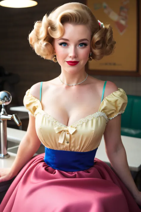 beautiful American college woman,dressed in a 1960s-inspired dress, complete with a full skirt and petticoat, her hair styled in...