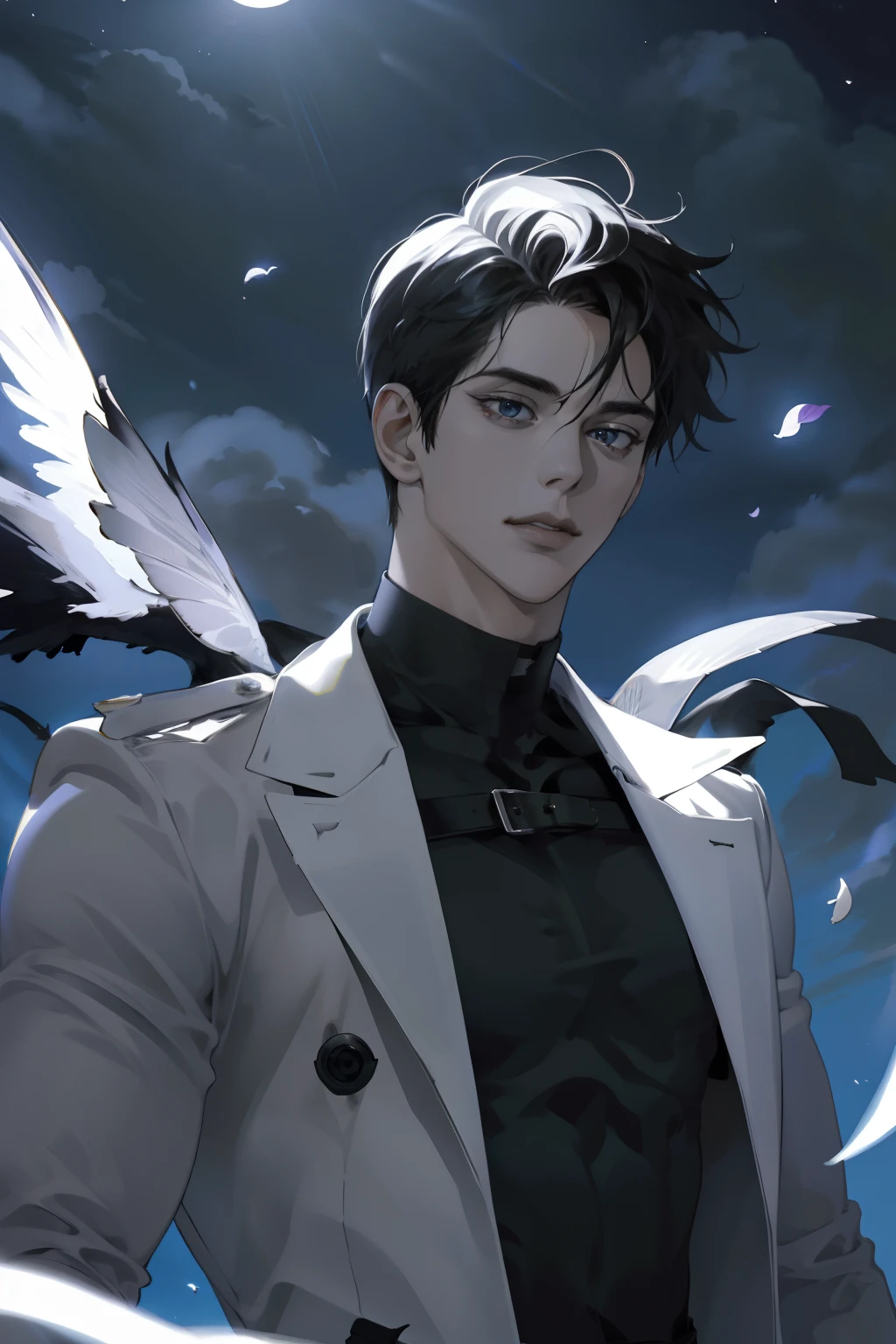 Anime male with white hair and black wings in a white jacket - SeaArt AI