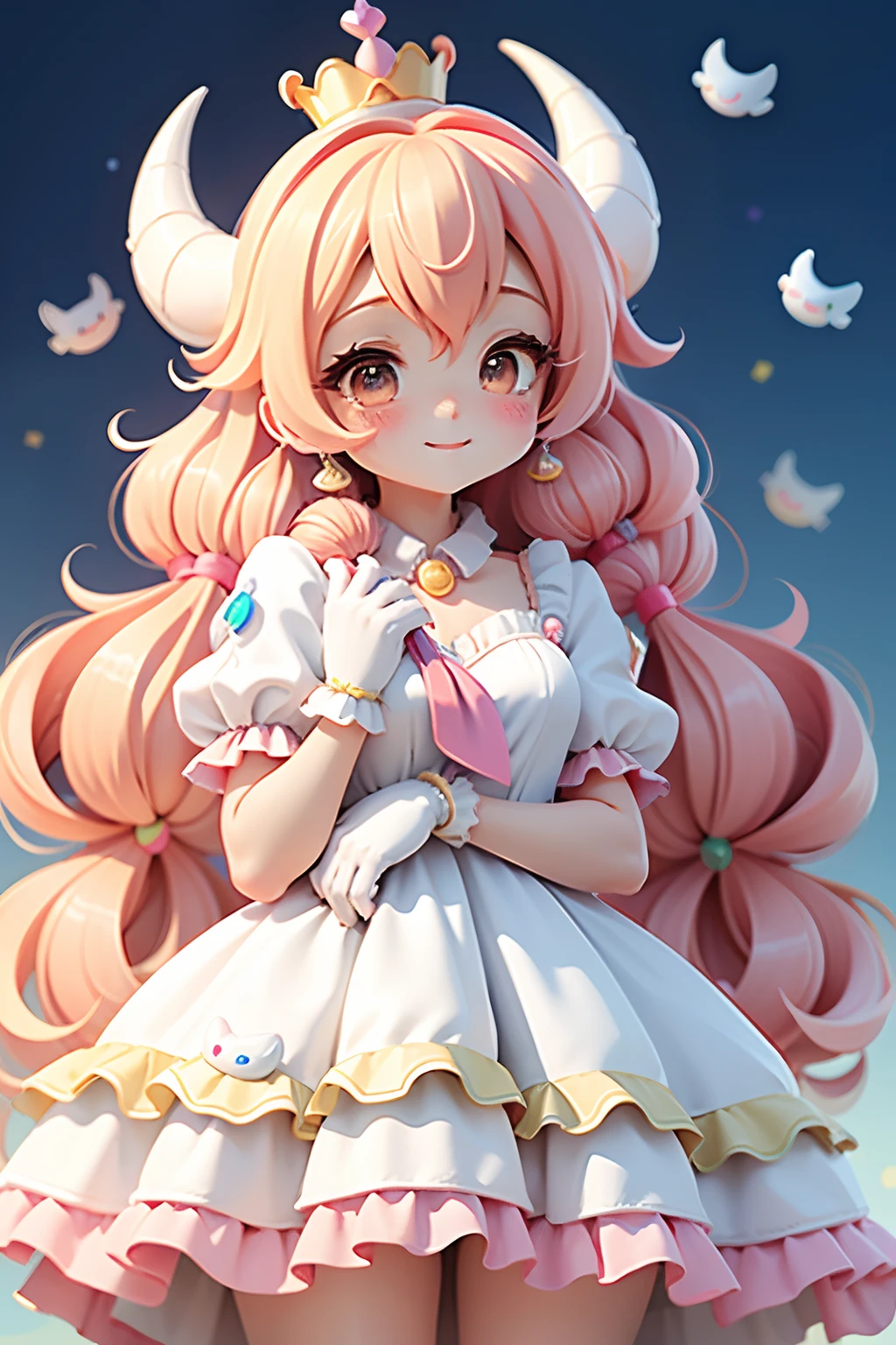 Loli Anime girl(princess peach), wearing white gloves, colorful dress, cute happy smile face, blushing, cute big horn, cute uwu face, long colorful hair, with feather design, party spray pain background, colorful paint dress, cabelo mesclado, preso, modern accessories , olhos delicados e detalhados, sorriso delicado e detalhados, opalescente, Perolescente, Holographic, fundo escuro