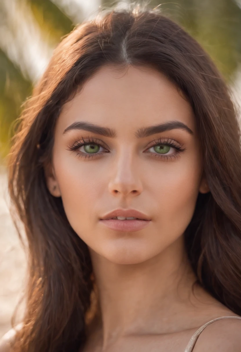 A woman with long brown hair and green eyes posing for a picture - SeaArt AI