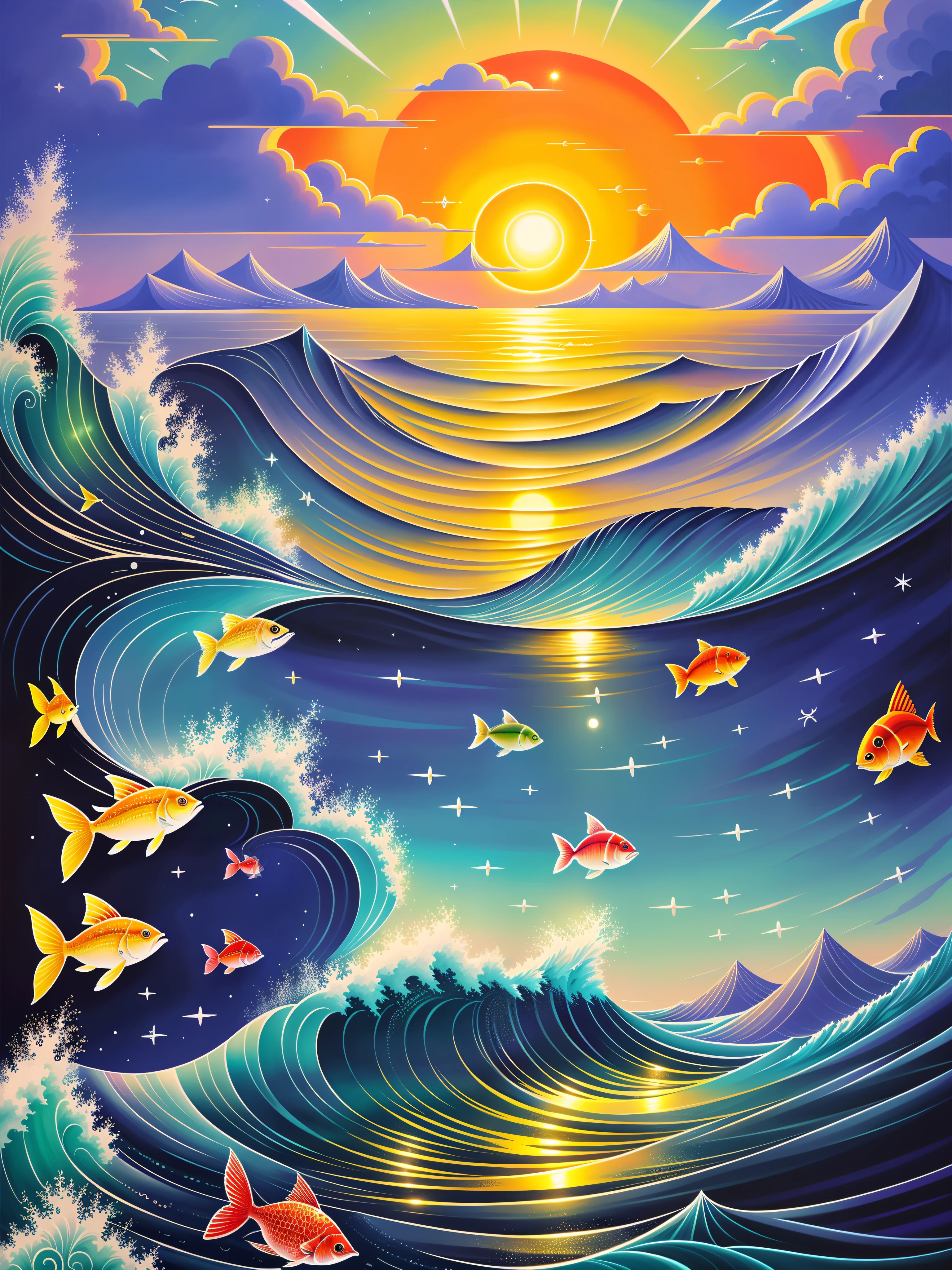 Meeresszene mit farbenfroher Abbildung von Sonne und Fisch, （（（Mond voll））），Viel Fisch，jen bartel, eine wunderschöne Kunstwerkillustration, magischer Ozean, Inspiriert von Cyril Rolando, fantasie meer landschaft, Schöne Kunst UHD 8 K, hochdetailliertes digitales Gemälde, Im Stil von Cyril Rolando, 8K hochdetaillierte digitale Kunst, detaillierte Traumlandschaft, bunt flach surreal ätherisch, chaotische Meereskulisse