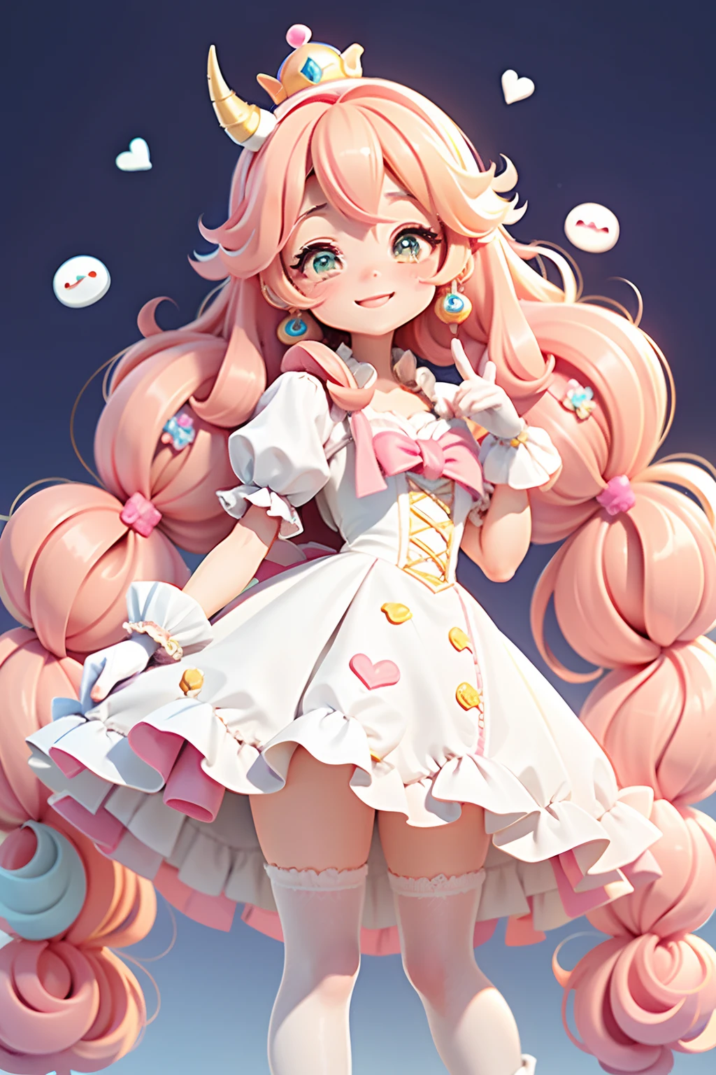 Loli Anime girl(princess peach), wearing white gloves, colorful dress, cute happy smile face, blushing, long socks, cute loli pose, cute big horn, cute uwu face, long colorful hair, with feather design, party spray pain background, colorful paint dress, cabelo mesclado, preso, modern accessories , olhos delicados e detalhados, sorriso delicado e detalhados, opalescente, Perolescente, Holographic, fundo escuro