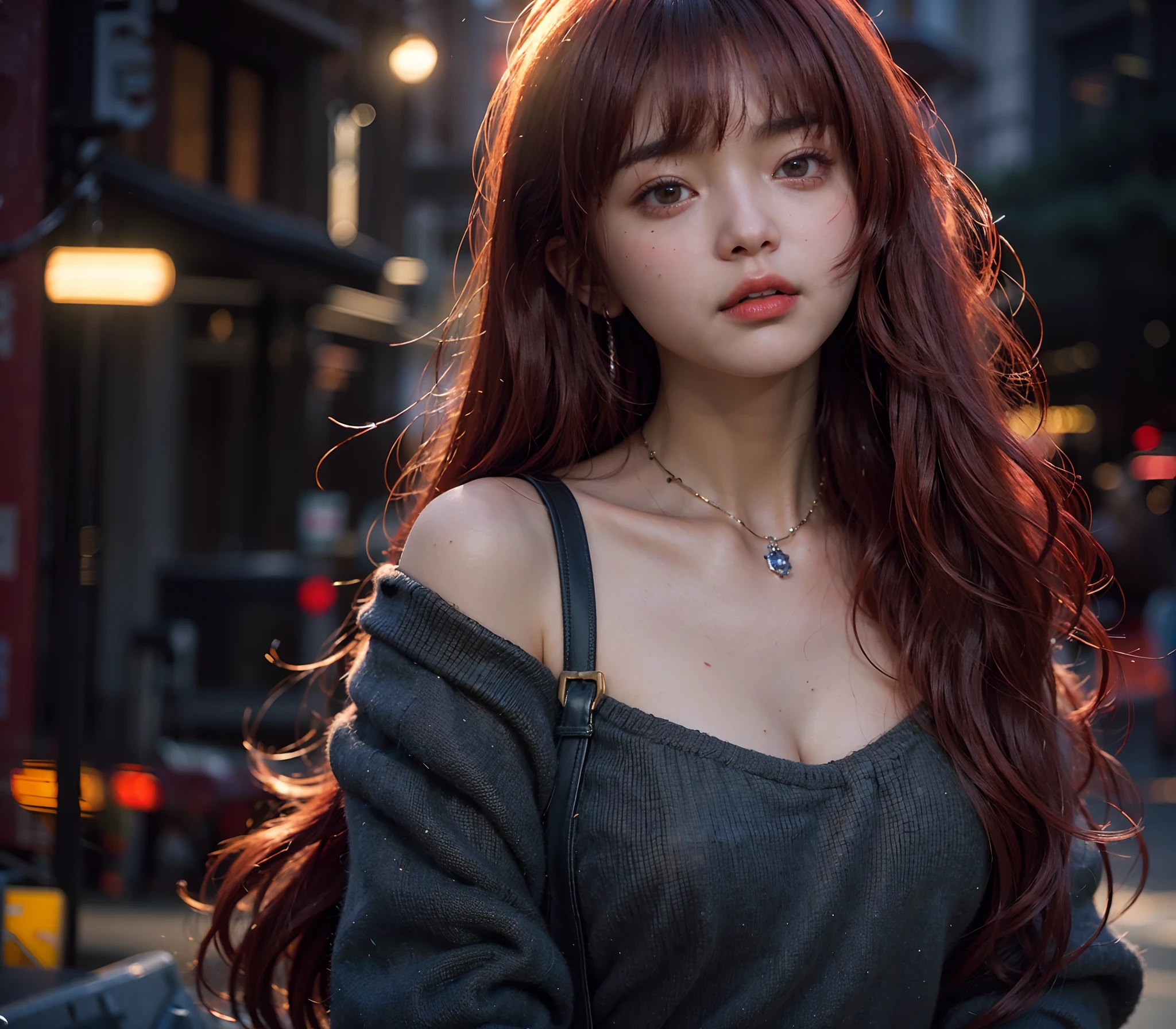 A cute teen girl, blushing cheeks, in love with the viewer, bangs, red haired, long straight hair, intricately detailed skin and face, ultra high definition, 8k resolution, 16k resolution, dream like ambience, bloom effect, highly detailed photo realistic, cinematic side lighting, cinematic lighting, theatrical lighting, movie like photo, city street back ground