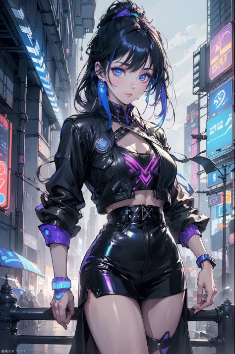 Facing the audience，(Masterpiece, Top quality, Best quality, offcial art, Beautiful and aesthetic:1.2),(Blue-violet Neon Lighting), (Vibrant glow), Dynamic colors, Striking contrast, futuristic vibe, electric energy,shiny reflective surfaces,(Cityscape:1.3...
