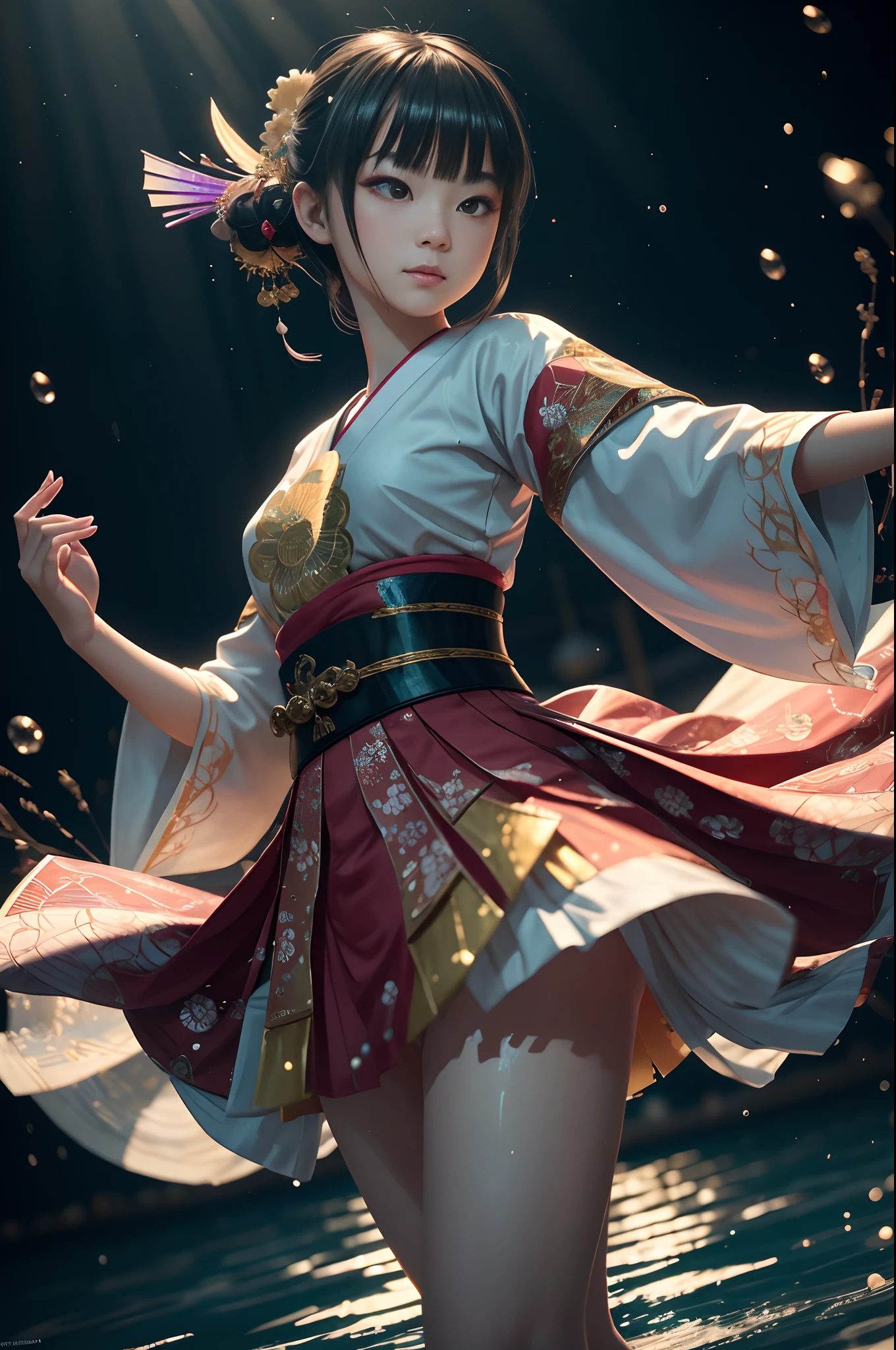 A beautiful teen girl is dancing KABUKI, looking into the camera, photorealistic painting, sharp focus, 8k, perfect composition, trending on art station, award-winning photograph, unreal engine 5, cinematic smooth, intricate detail, highly detailed, from below, splash, fractal art, god ray, rainbow,  on the lake