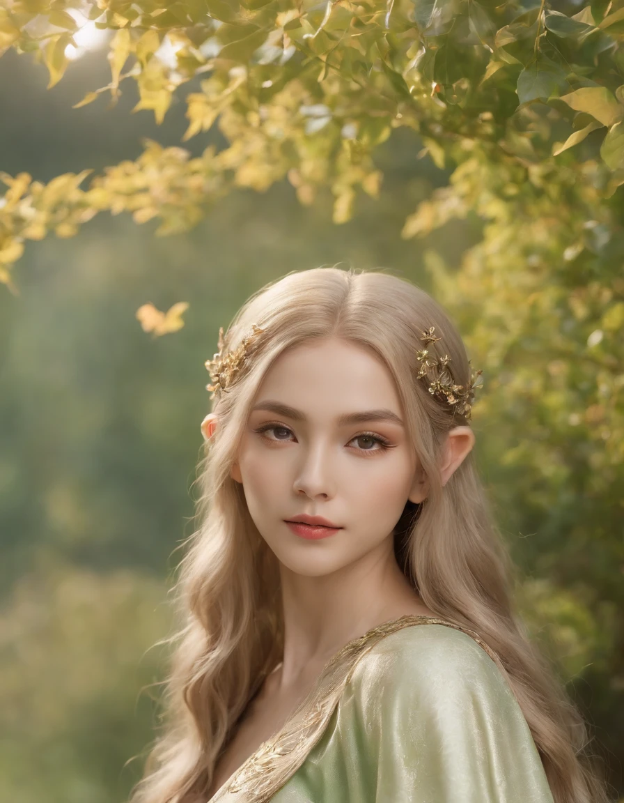 上半身，ミディアムショット，エルフの王女はエメラルドの草に寄りかかっていた。彼女の長い髪は流れた，太陽の光に金色の輝きがきらめく。周囲には色とりどりの花が咲き誇る，優しい風が葉を吹き飛ばす，落ち葉が彼女の周りにひらひらと舞った。シーン全体が謎と静けさに満ちています，この瞬間、時間も止まったかのようでした。8K解像度。