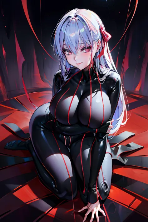 Black full body suit　huge tit　Big ass　seductiv　a smile　Obscene lines　Whip thighs　Red lines all over the body　Sit up