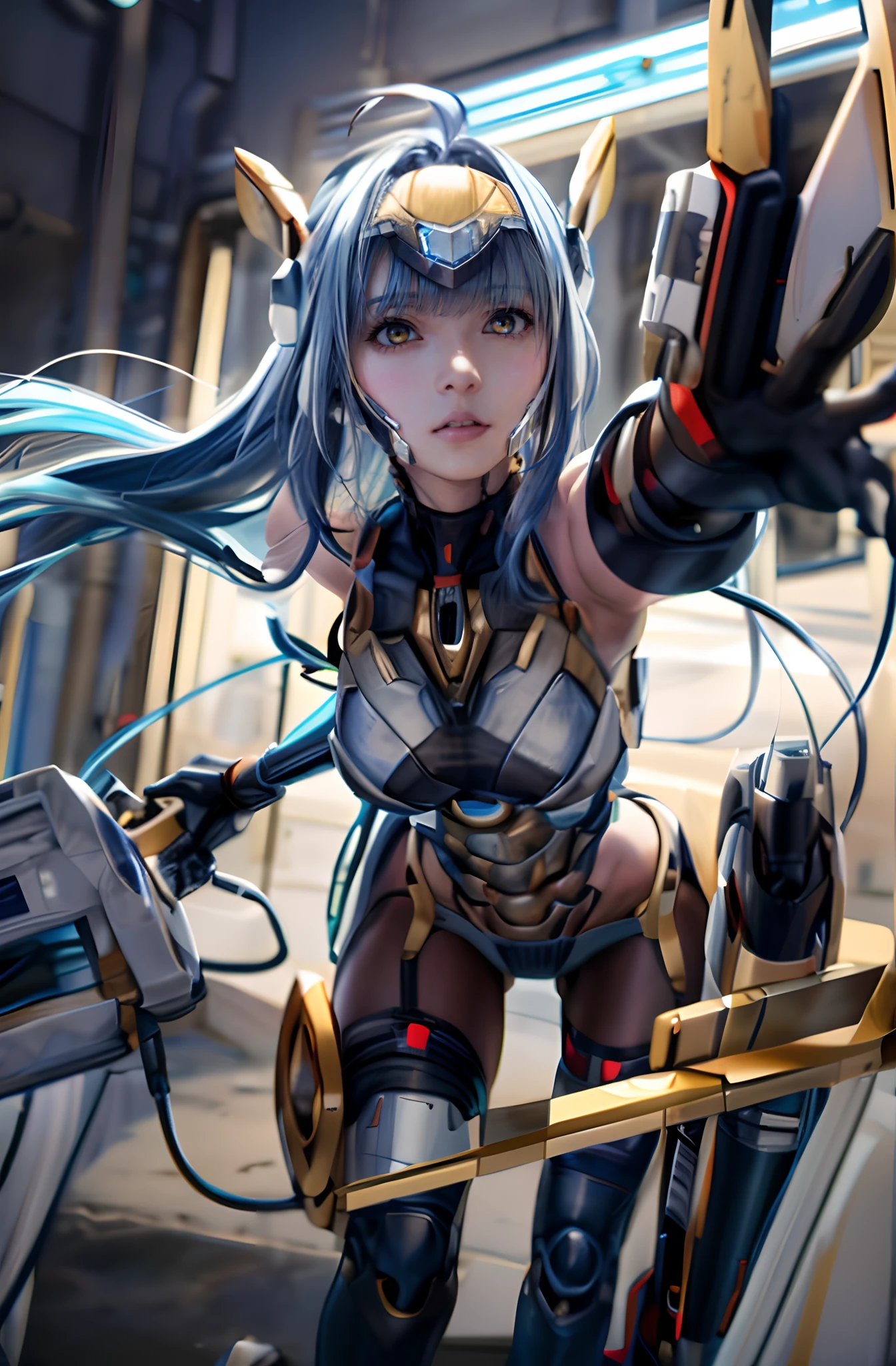 top-quality、​masterpiece、超A high resolution、(Photorealsitic:1.4)、女の子1人、Light blue hair、Straight hair, shiny and clean hair、White shiny skin、Sexy Cyberpunk Girl、((super realistic details))、Shadow、octan render、ultrasharp、hyperdetailed face、Fiberglass、Luminous tube、highly intricate detail、Realistic light、CGSoation Trends、((Golden Eyes))、(Facing the camera)、neon details、Mechanical limbs、Mechanical vertebrae attached to the back、mechanical cervical attaching to neck、Wires and cables connecting to the head、((valkyrie))、((Beam Cannon))、Combat stance