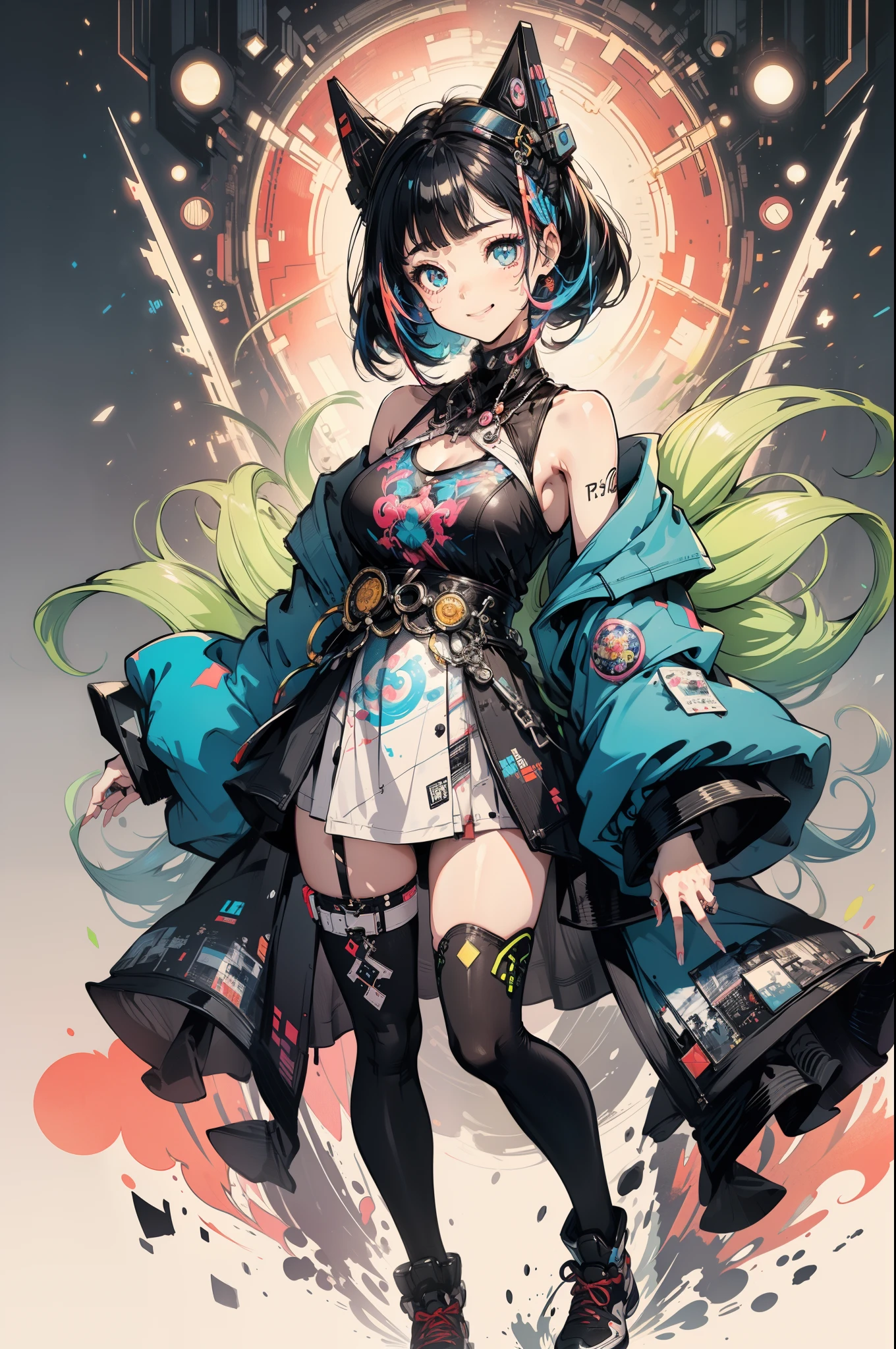 ((cyber punk perssonage)),Optical camouflage、vr goggles、Neon light、The future city、Luminous jumpsuit、(1girl in, Solo:1.6),(Cute smile),(The clothes are simple), (Best Impact:1.5), (Maximalism:1.7), Vivid Contrast, (Realistic), hyper-realistic illustration, A high resolution, ultra - detailed, absurderes,(Fractal art:1.3)、Random hairstyle、Random hair colors are colorful、full body shot of、Retro、Precise focus、randome pose、cinema4d、Drama